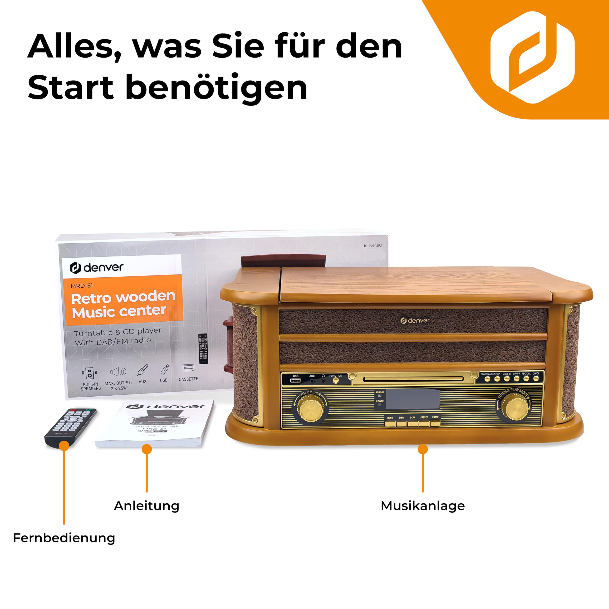 Denver MRD-51 FM/AM, DAB Radio mit Plattenspieler & CD Player, Braun - Kassettenrekorder mit USB, AUX & CD Support