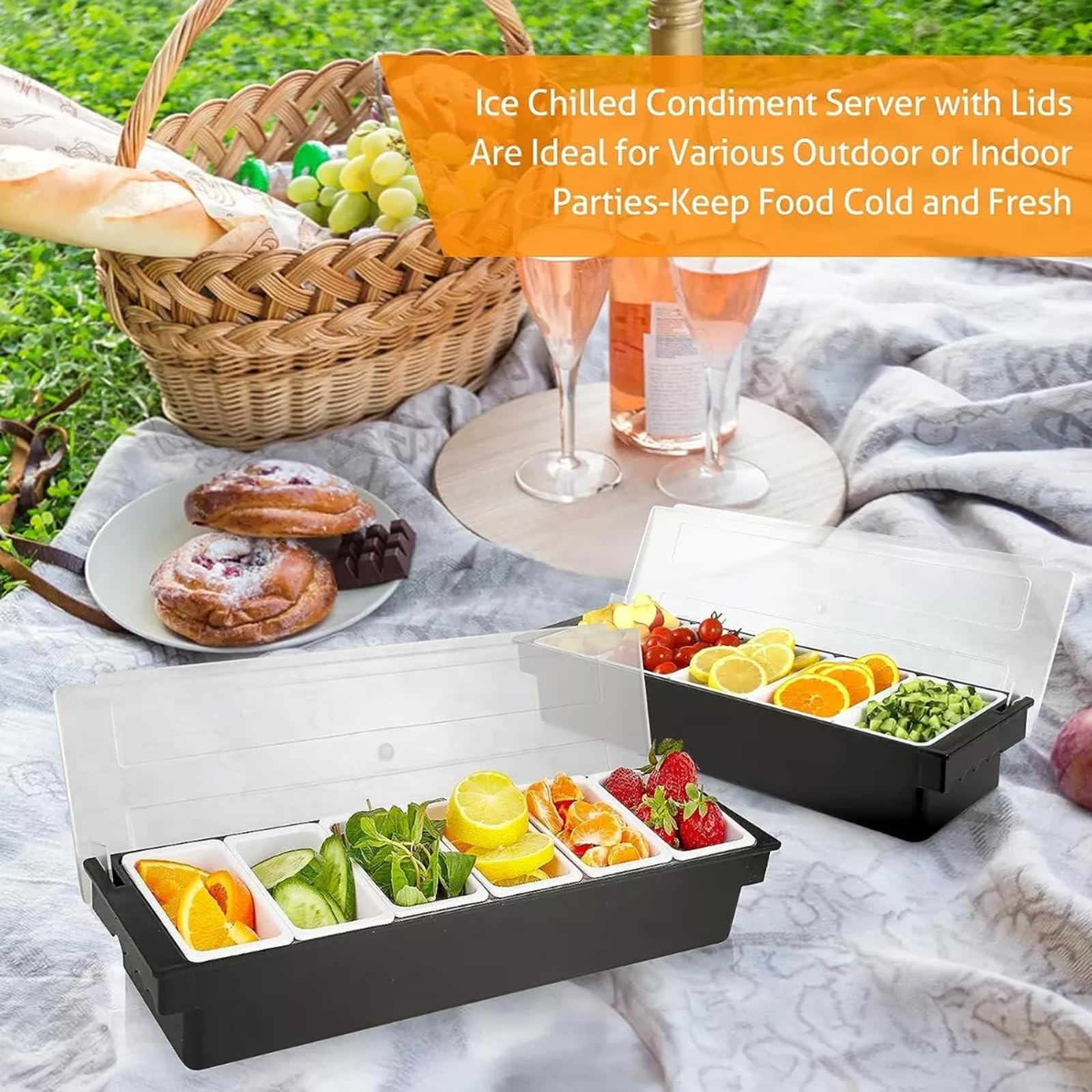 Récipient à condiments glacé avec couvercle - Plateau de service à condiments avec 6 plats amovibles pour fruits, salade, taco, légumes