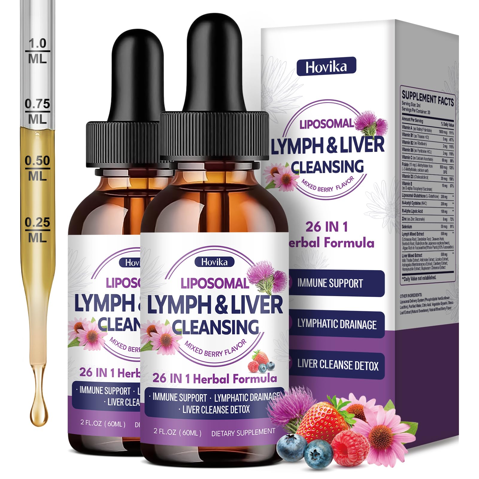 Liposomal Lymphatic Drainage Drops, 26 in 1 Liver Cleanse Detox & Repair with Milk Thistle, Echinacea, Glutathione, Vitamins, Lymph-Liver Cleanse, Gut & Metabolic Health - Mixed Berry Flavor 4 Fl Oz Mixed Berry 4 Fl Oz (Pack of 1)