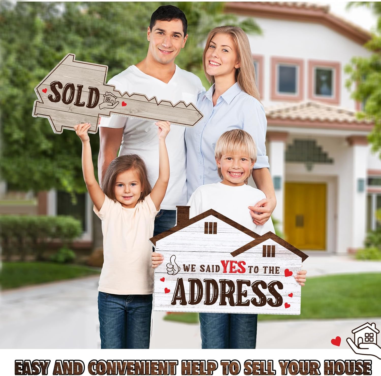 Teenyyou 2 Pcs Extra Large Real Estate Sold Sign for New Homeowners, 26.5" and 24.1", Corrugated Board Double Sided Social Media Photo Props Home Key Shaped Closing Gifts for Buyers agent(Classical)
