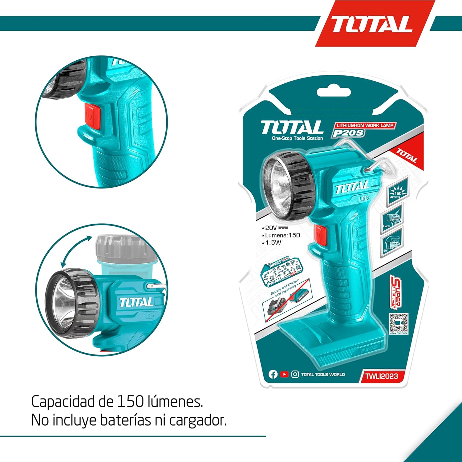 TOTAL High Power Flashlight in retail packaging, showing specifications like 150 lumens and 20V