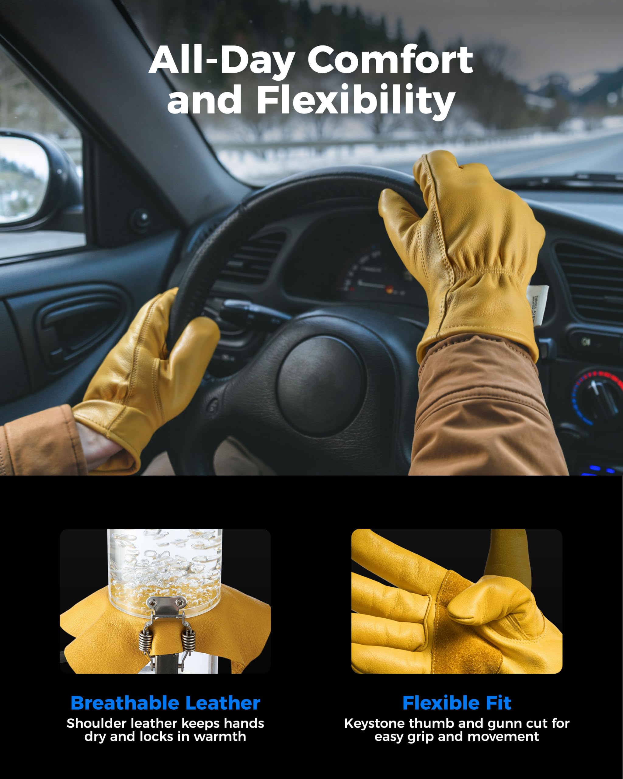 toolant Gants de travail d'hiver en cuir de vachette ouverts, S, 2 pièces