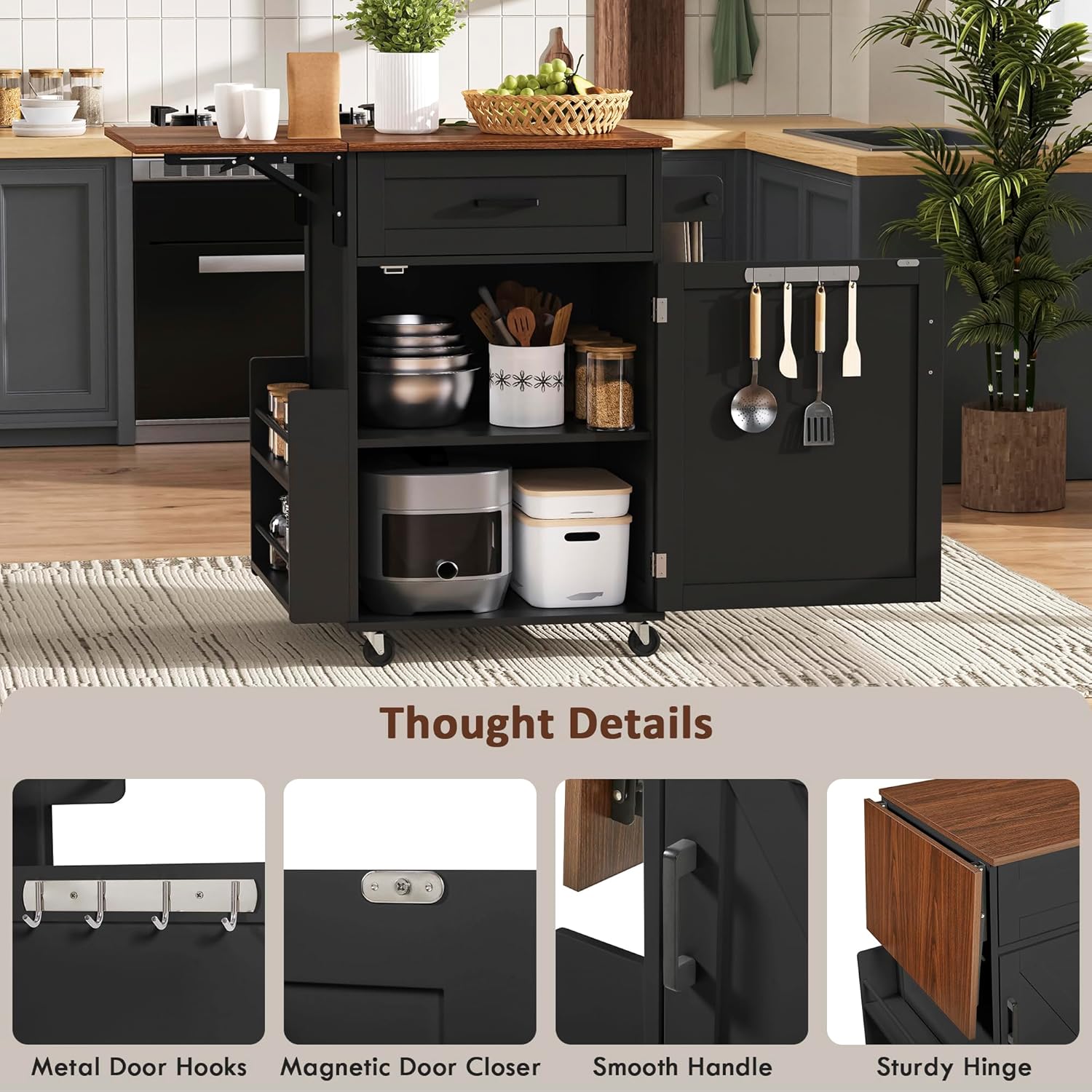 Kitchen Island with Storage, Rolling Kitchen Table on Wheels with Drop Leaf - Open Spice Rack&Towel Rack, Drawer, Cabinet, Adjustable&Removable Shelf, for Kitchen, Dinning Room, Black