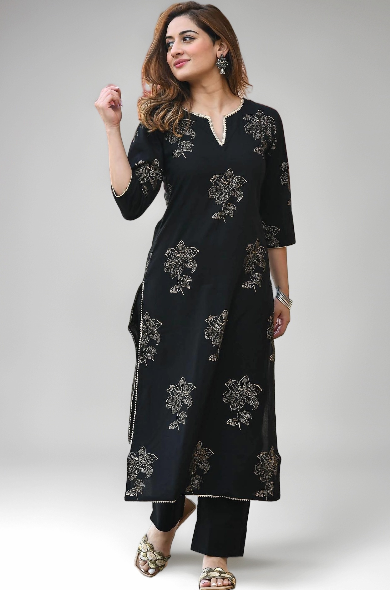 Arayna Women's Gold Printed Rayon Black Kurta Set with Ethnic Palazzo Pants