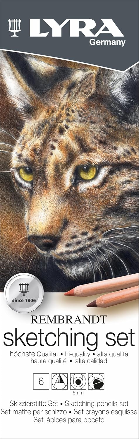 Lyra Rembrandt Sketching Set - 6 Assorted Pencils for Artists - Variety Set of White, Dry, Oil, Carbon & Charcoal Pencils in Convenient Case - Multipurpose Durable Pencils for Drawing Blending & More