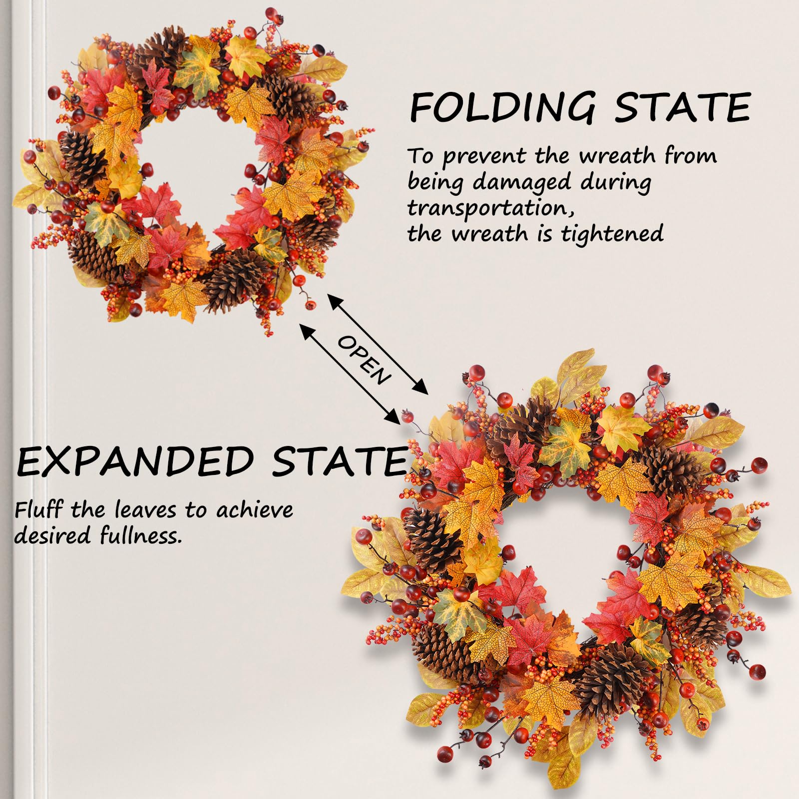 Türkranz Herbst, 61cm COLORSPEC Künstlicher Ahorn Tannenzapfen Türkranz für Halloween Erntedank, Türkranz Herbst Außen für Haustür Wand Fenster Hochzeit Party Dekoration Innen Außen