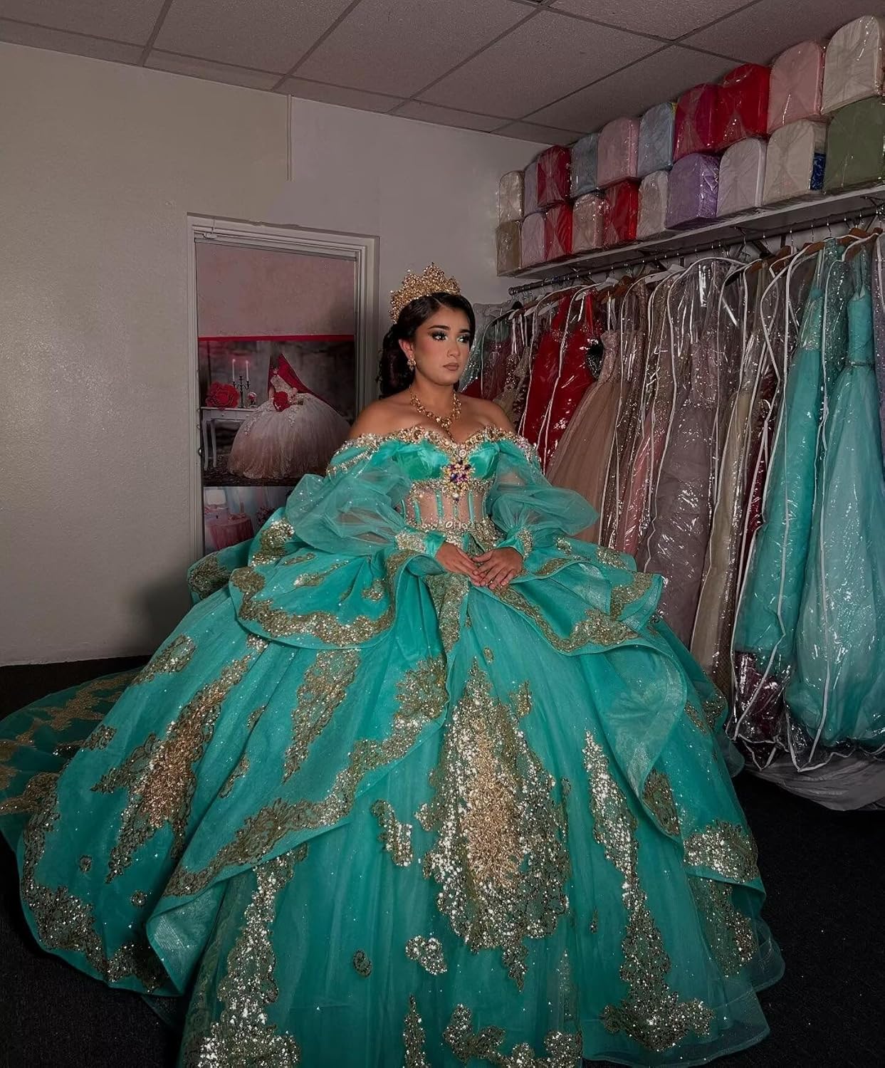 Mollybridal Sparkly Gold Embellishment Drop Waist Ball Gown Quinceanera Prom Sweet 16 Dresses with Long Sleeves