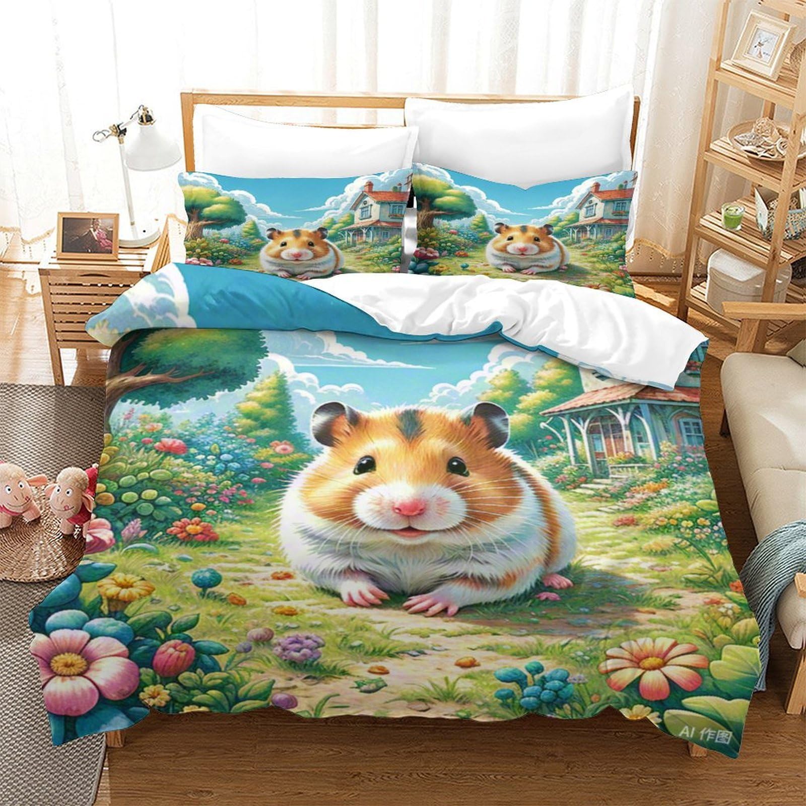 Housse de couette hamster 140x200 cm en microfibre avec taie d'oreiller pour lit enfant