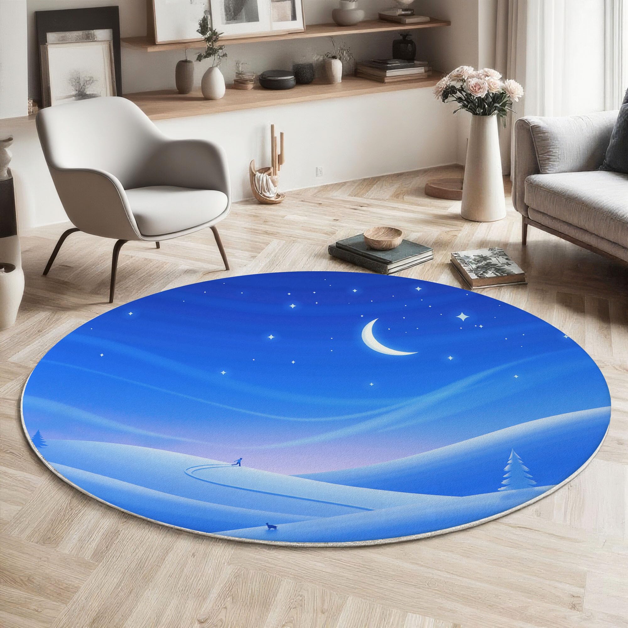 Tapis Rond pour Enfant - Scène de Neige au Clair de Lune Style Hivernal- Redonda antideslizante Lavable Sala de juegos pour Salon Chambres à Coucher - Bleu - 160cm