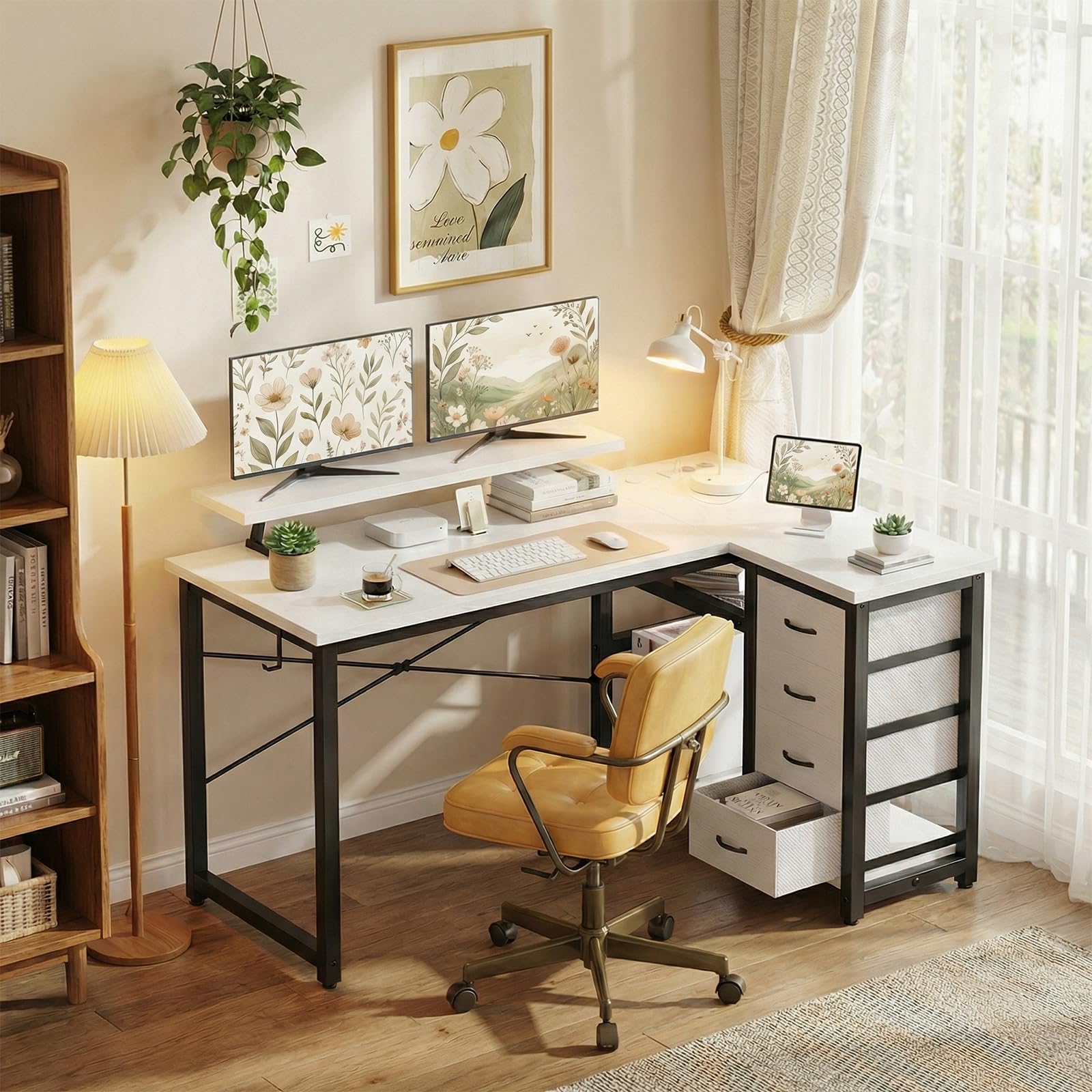 JUMMICO Scrivania a forma di L con 4 cassetti in tessuto, scrivania angolare reversibile con 2 prese e 2 porte USB, scrivania per computer a forma di L, per home office gaming, bianco, 160 x 80 cm
