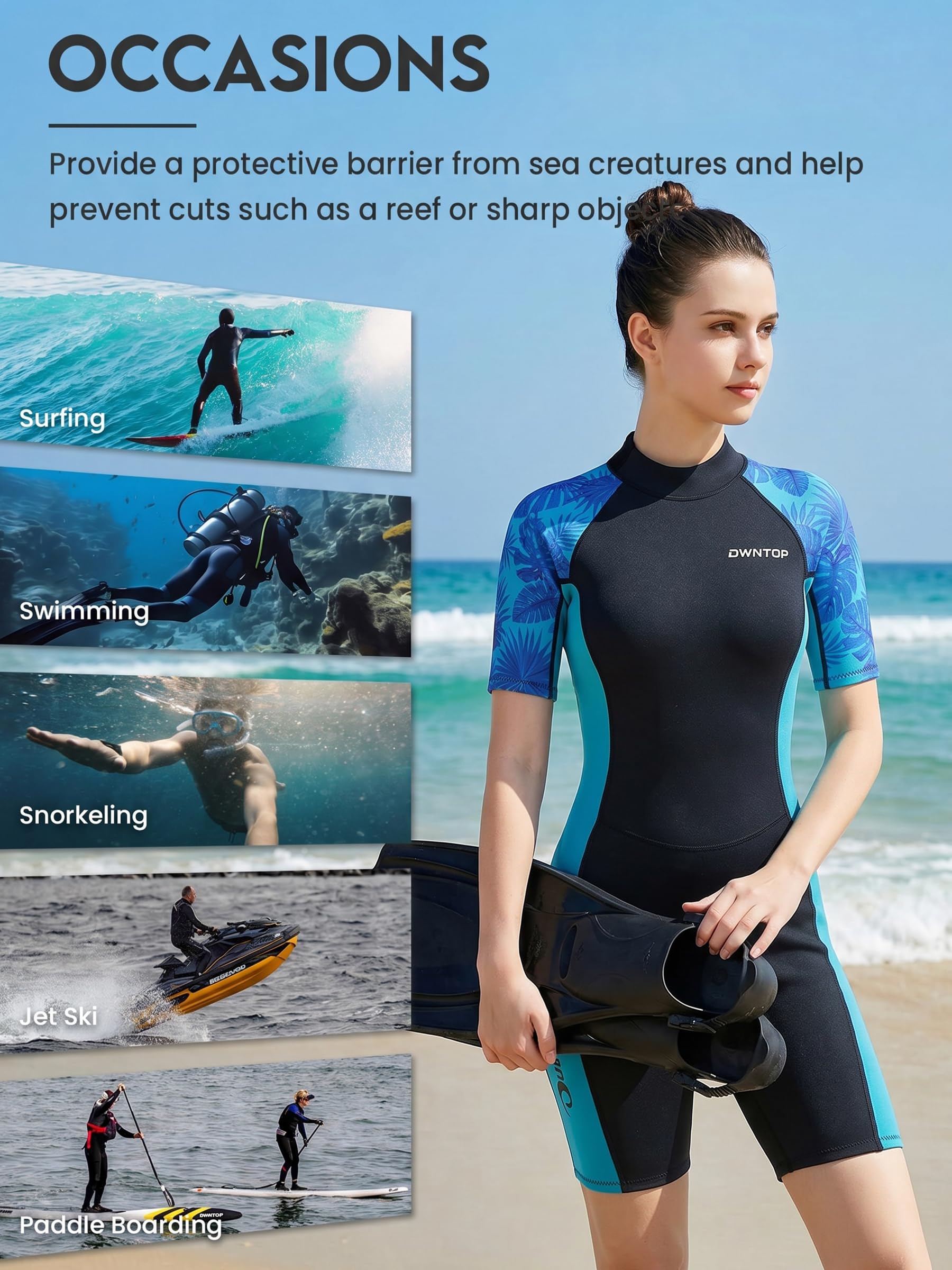 Owntop Muta corta da donna in neoprene da 3/2 mm con cerniera posteriore, costume da bagno floreale lusinghiero per snorkeling, surf, vacanze tropicali e nuoto in acqua fredda
