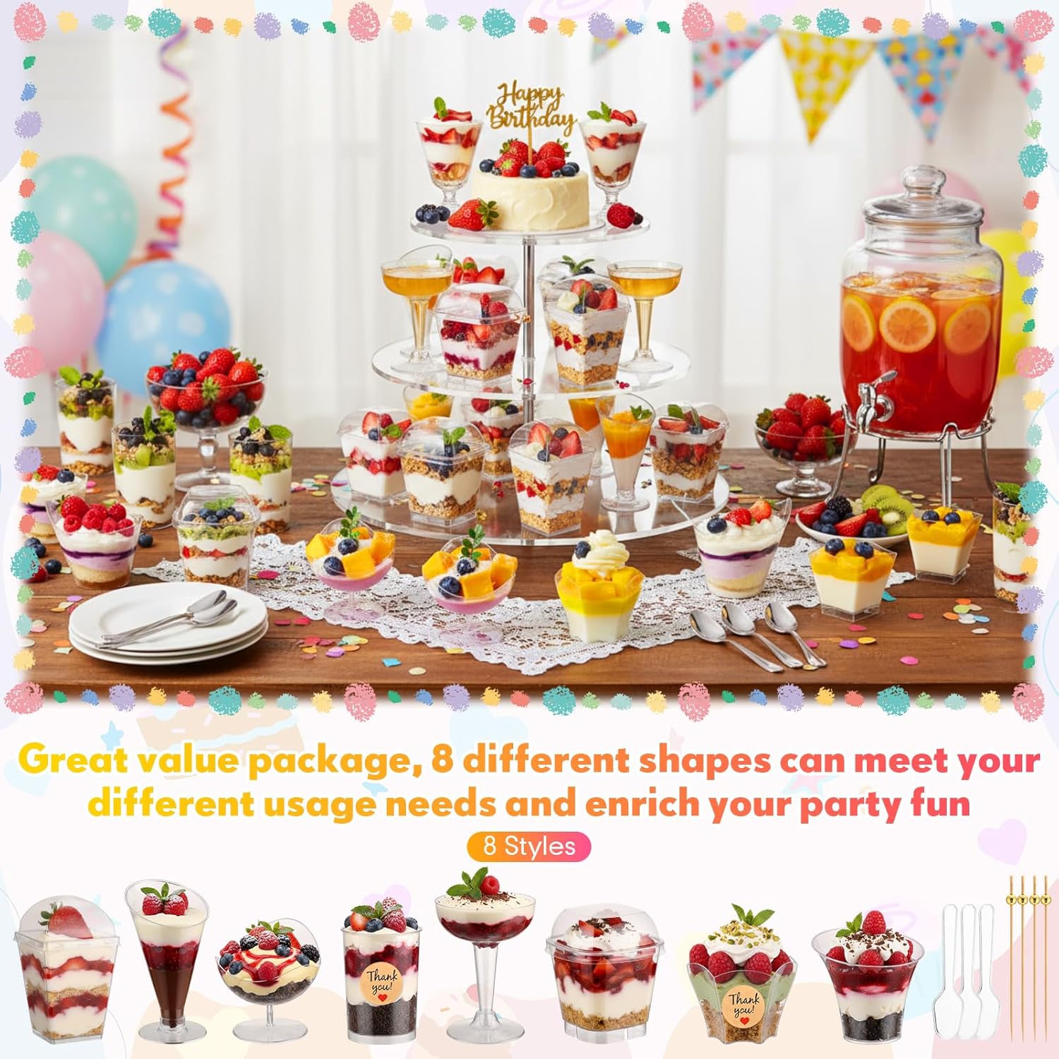 LemonRoad 300 Pack 2/3/5/7oz Plastic Dessert Cups Set 8 Styles Clear Plastic Dessert Cups with 100 Spoons 100 Toothpicks 500 Sticker for Serving Fruit Trifle Mousse Ice Cream Pudding (Chic)
