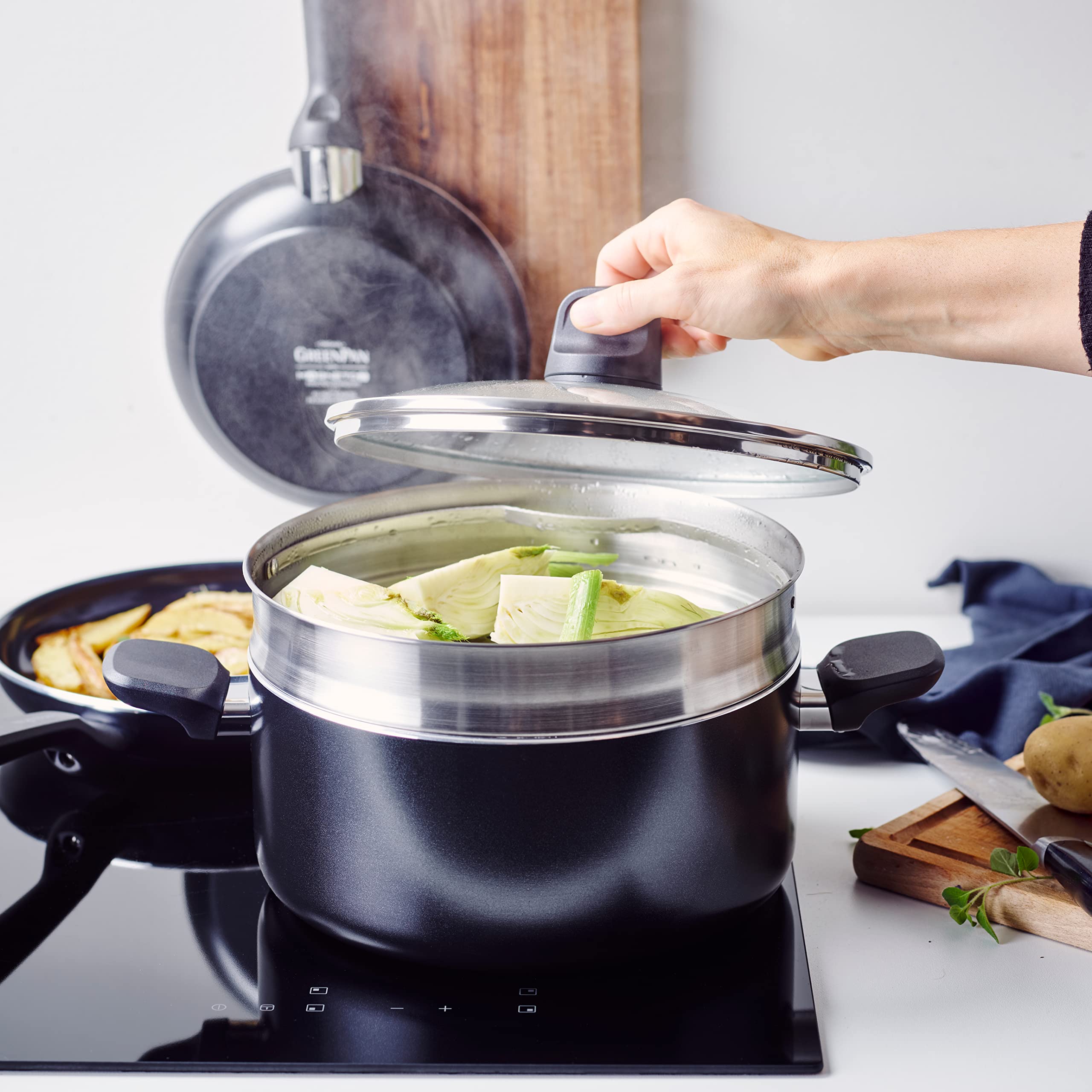 GreenPan Memphis Lot de 20 casseroles et poêles en céramique antiadhésives, sans PFAS, à induction, passe au lave-vaisselle, au four, noir