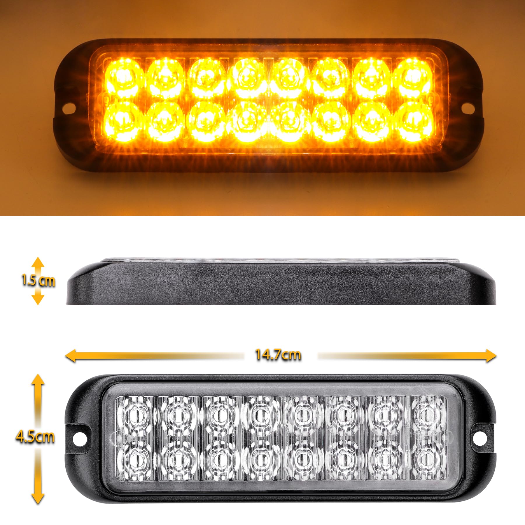 8X16LED Warnlicht Frontblitzer - 12V/24V Blinklicht Stroboskoplicht Warnleuchte, IP67 Wasserdicht Warnung Blinklichter Strobe 13Modi Blitzmodul für Truck Traktor Emergency KFZ LKW(Gelb)