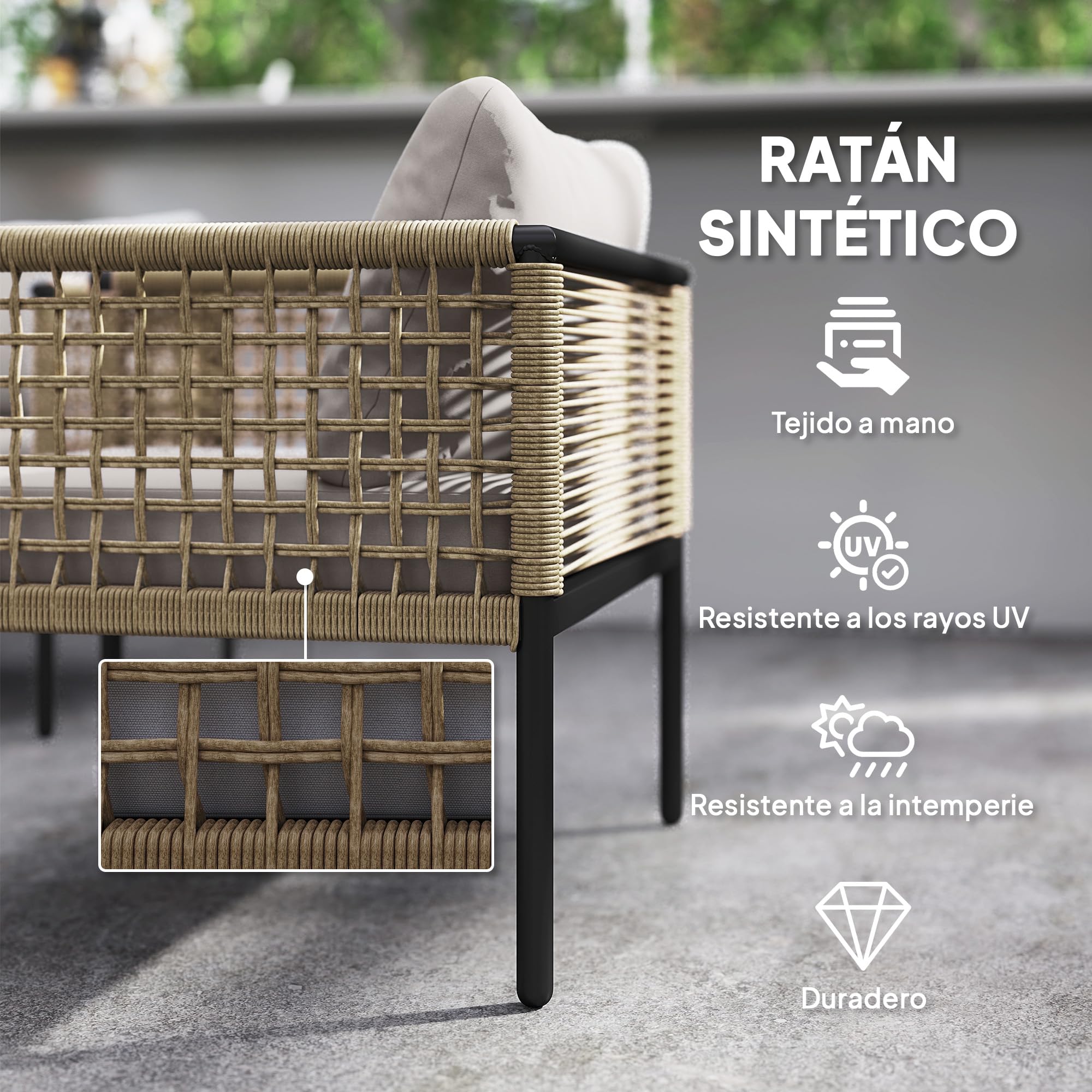 Outsunny Conjunto de Jardín Exterior de Ratán Sintético Natural y Gris | 4 Piezas, Muebles de Jardín Exterior, Incluye 1 Sofá Doble, 2 Sillones, Mesa de Centro con Cojines