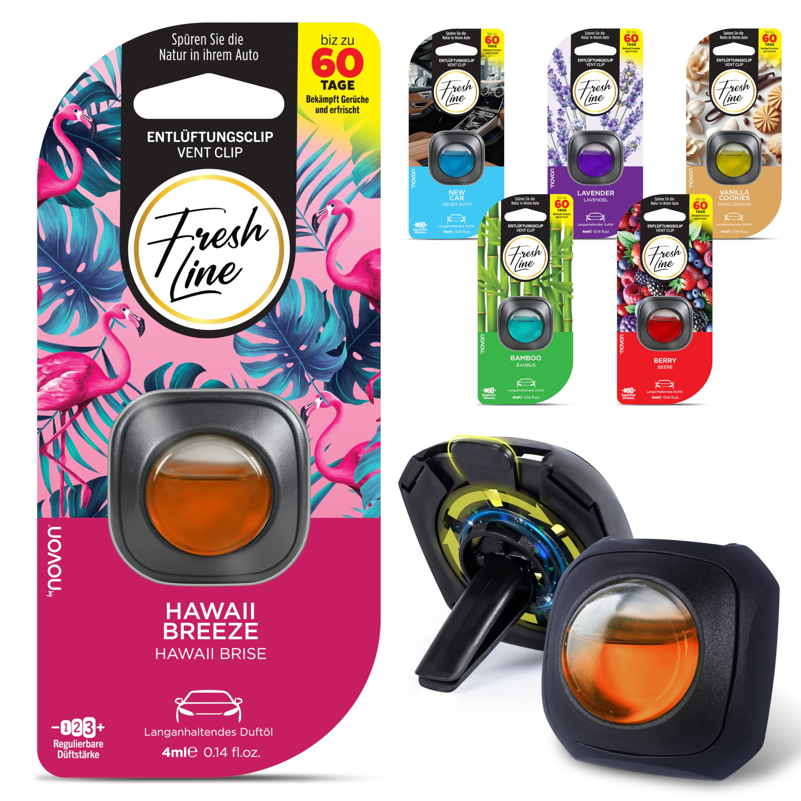 Fresh Line Auto Entlüftungsclip | Regulierbare Duftstärke | Lufterfrischer für Ihr Auto | Einfach an der Lüftung befestigen | bekämpft Gerüche | Bis zu 60 Tage langanhaltender Duft | Hawaii Brise