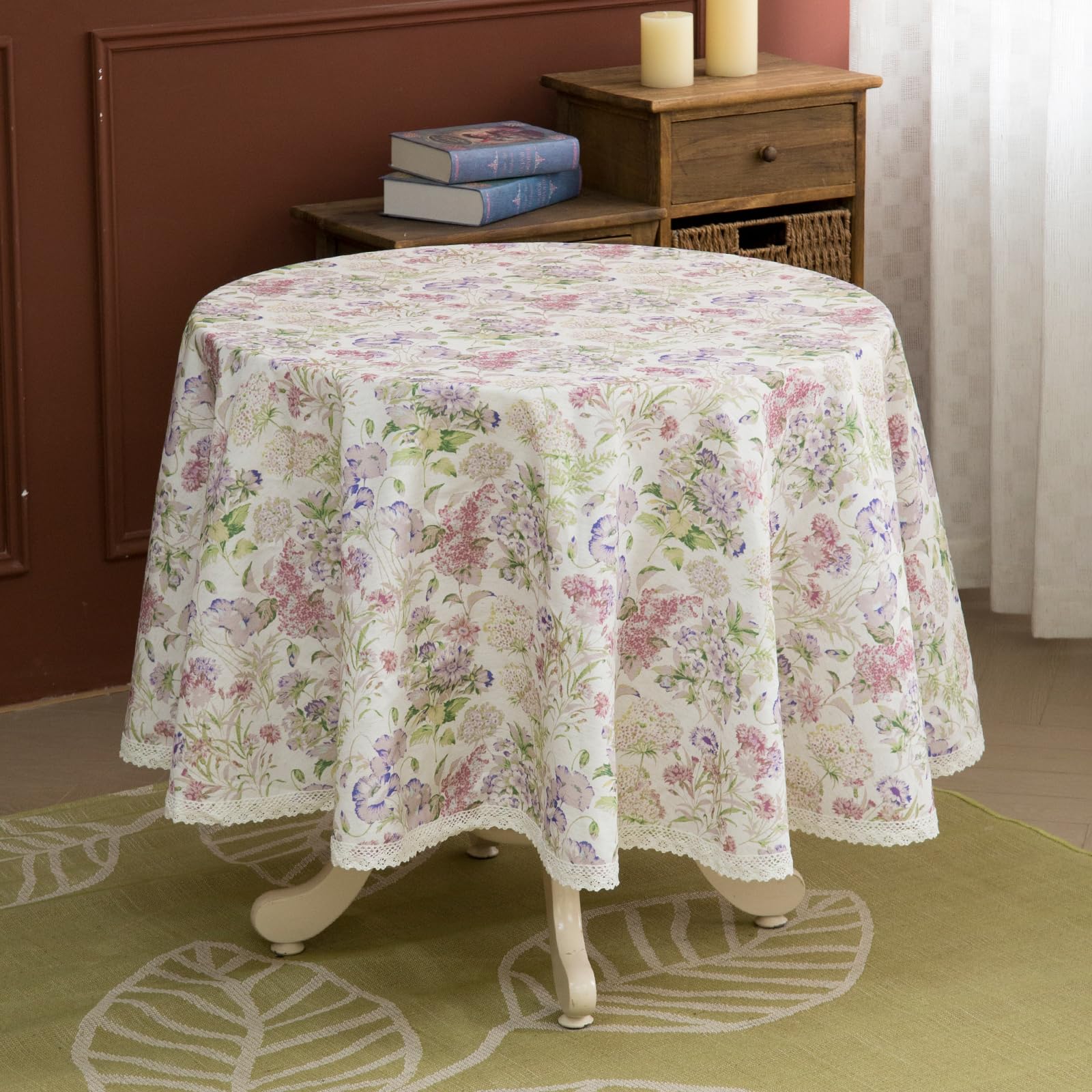 GLORY SEASON Wrinkle-Resistant Watercolor Style Floral Rectangle Tablecloth with Lace Edge for Rectangular Oval Round Tables Rustic Table Cloth for Dining Kitchen Farmhouse Decor Gifts 108 Inch