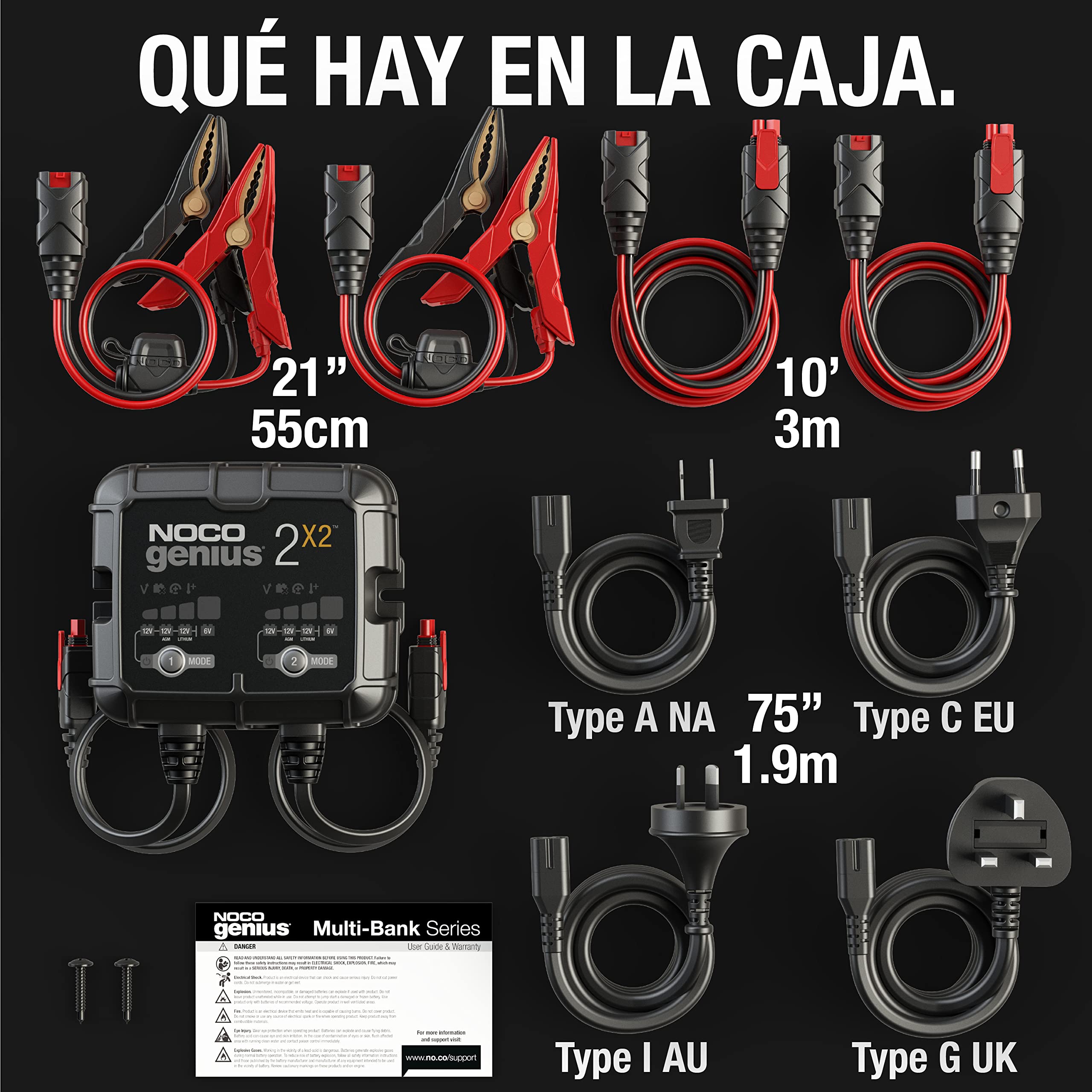NOCO GENIUS2X2: Cargador Inteligente de baterías 4A con 2 Bancos (2A/Banco) – Mantenedor automático y desulfatador 6V/12V – Protección contra sobrecarga – para baterías de Plomo y Litio