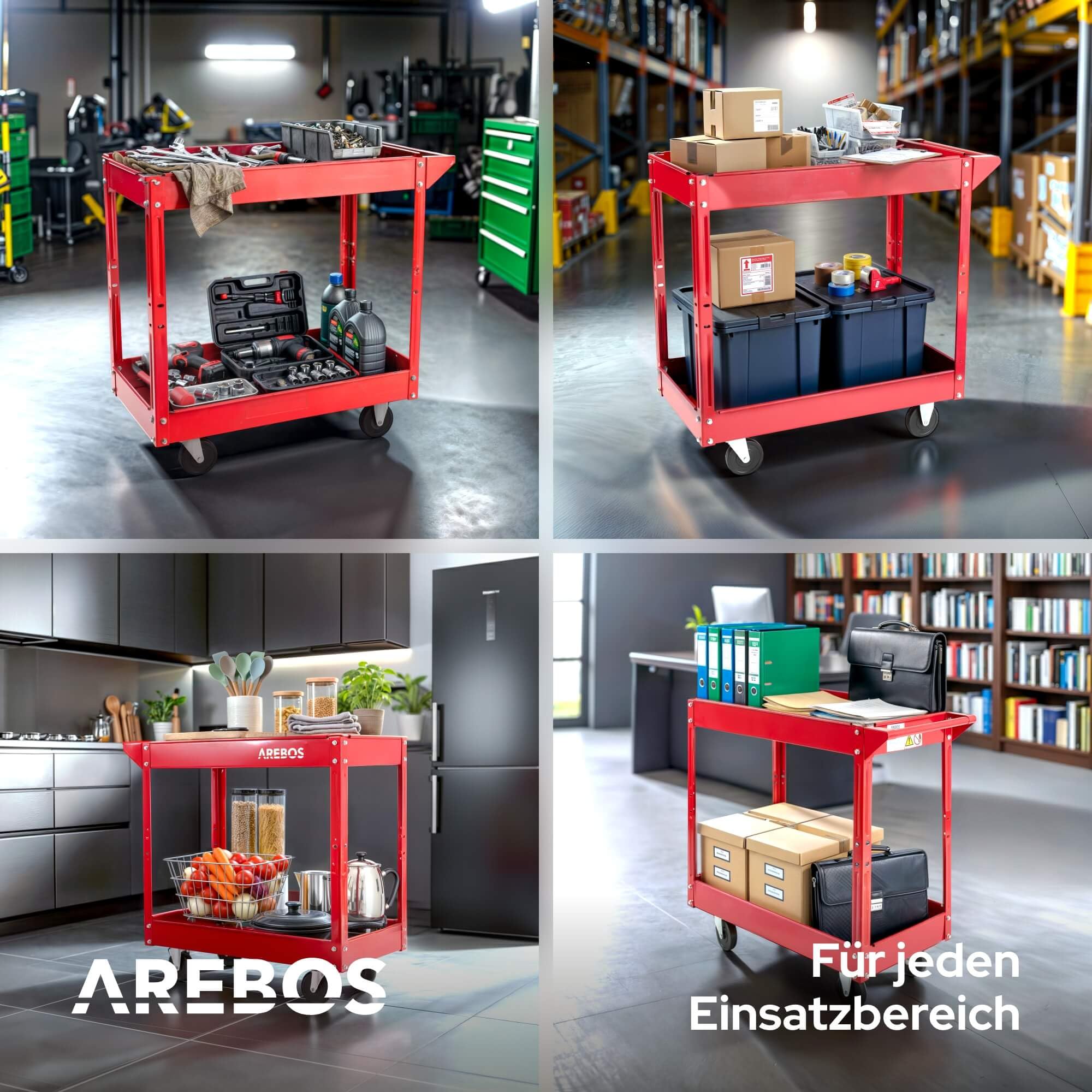 Arebos Werkstatt-Rollwagen | Montagewagen mit 2 Ablagefächern | bis 100 kg belastbar | robuster Werkzeugwagen aus Stahl | Mobile Transporthilfe | für Werkstatt, Garage & Hobbyraum | 2er Set