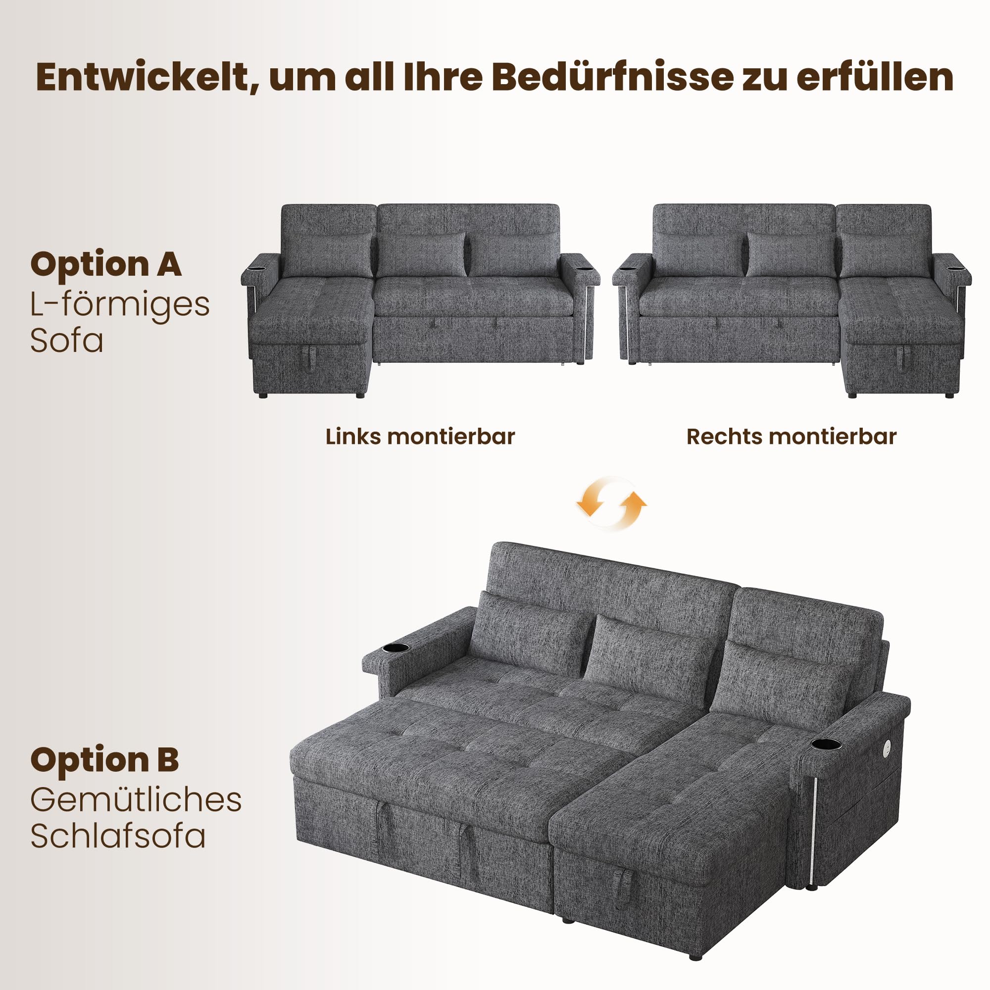 Bladez Sofá esquinero en forma de L con función de dormir, sofá cama con LED y conexiones USB, respaldo ajustable, soporte para bebidas, sofá esquinero de 3 plazas con espacio de almacenamiento
