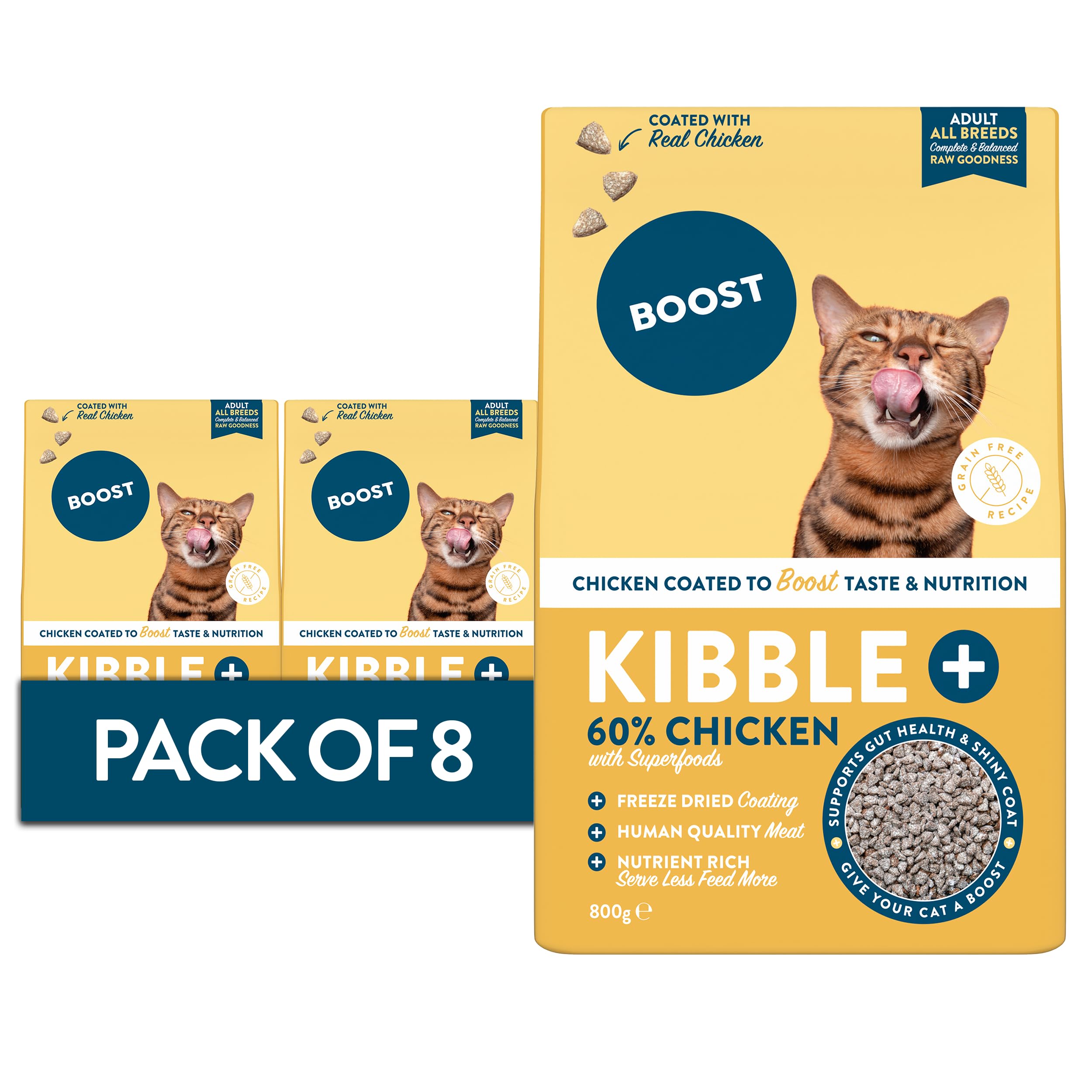 BOOST Pet Chicken Kibble Coated Cat Food - Freeze-Dried Raw Dry Food Kibble for Cats, Grain Free, Made with Real Raw Chicken, Complete Nutritional Meal for Pets, Nothing Artificial - 8 x 800g