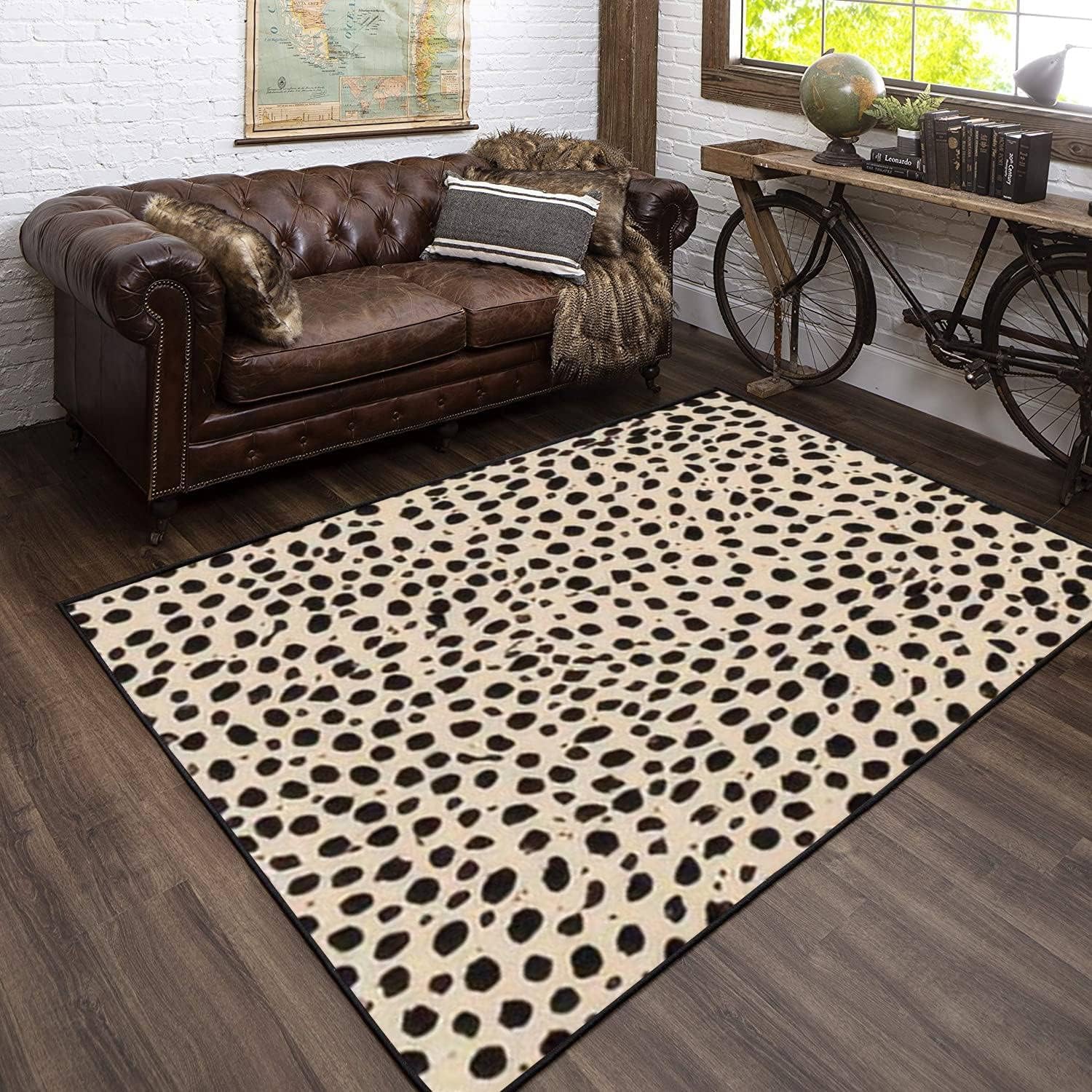 Tapis de chambre imprimé léopard 3D en peau de vache au design shaggy doux