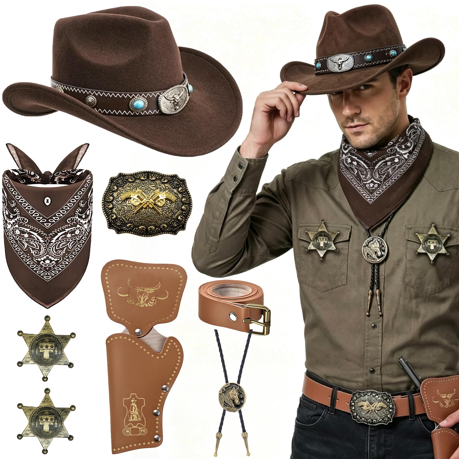 8Pcs Western Cowboy Costume Accessories Set, Wild West Cowboy Hat with Paisley Bandana Holster Belt Bolo Tie Necklace & Sheriff Badge for Men Theme Party Halloween Party — image 1