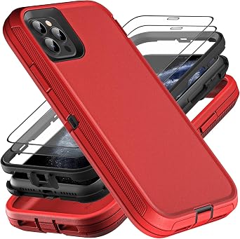 YKHJKLEC for iPhone 11 Pro Max Case, Military Grade 3 in 1 Heavy Duty Shockproof/Drop Proof/Dust Proof Case with 2Pcs Tempered Glass Screen Protector Red/Black