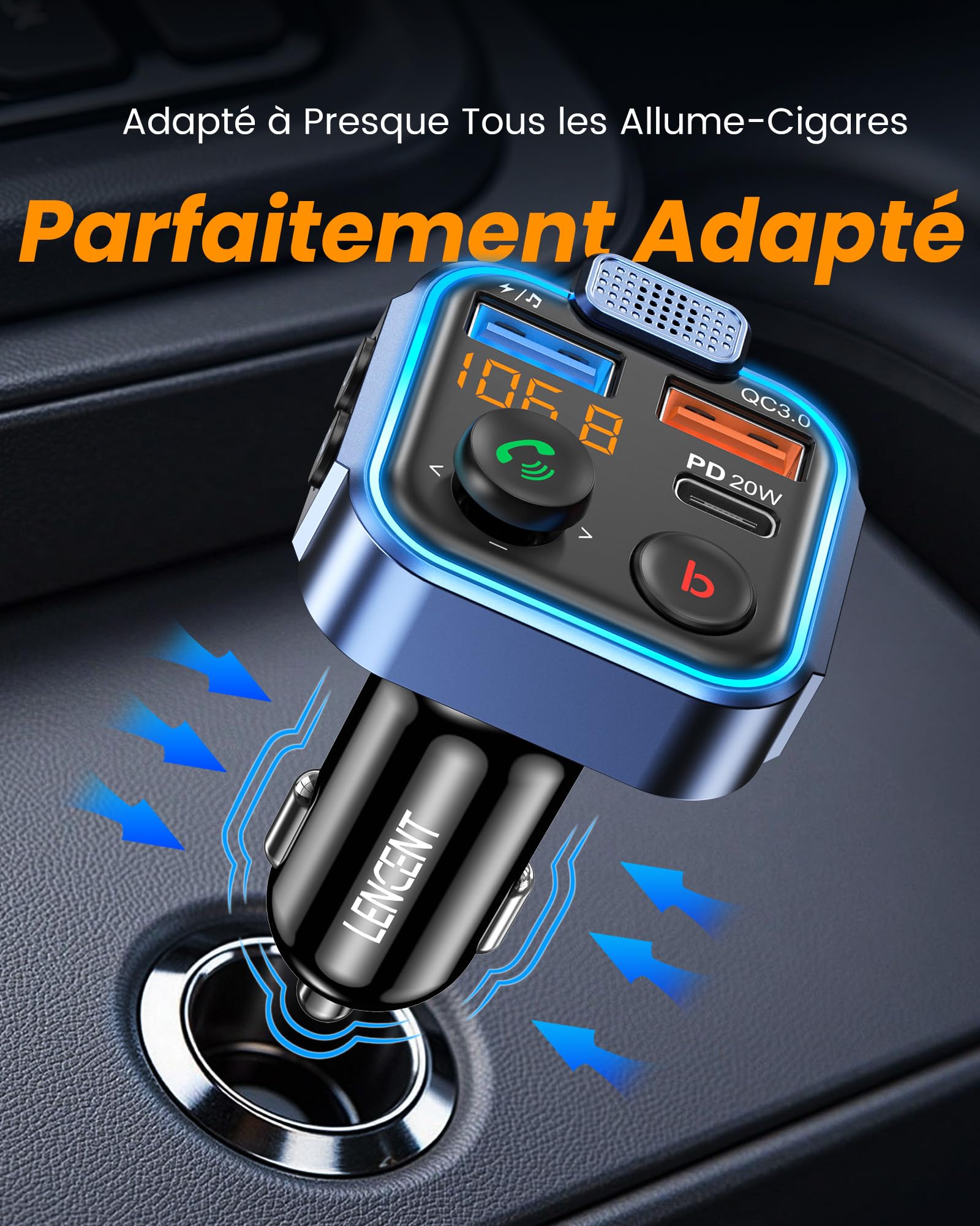 LENCENT Transmetteur FM Voiture, Allume Cigare Bluetooth 5.3 Émetteur Radio, Chargeur Rapide PD 20W Type C+ QC3.0, Appels Mains Libres, Lecteur de Musique MP3 Basse Support U Disk