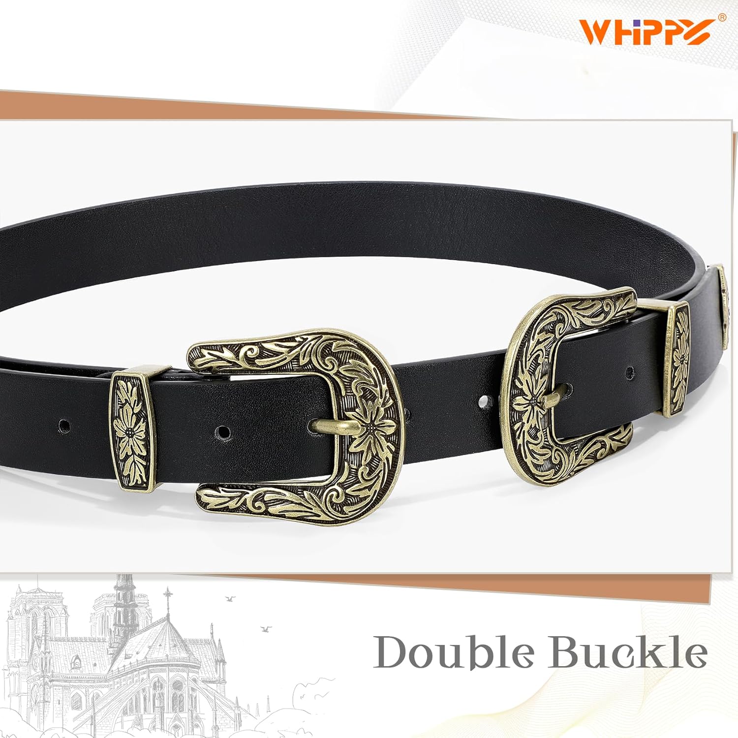 WHIPPY Vintage Western Leather Belt for Women Double Buckle Retro Cowgirl Waist Belts for Jeans Pants Dresses - Image 5
