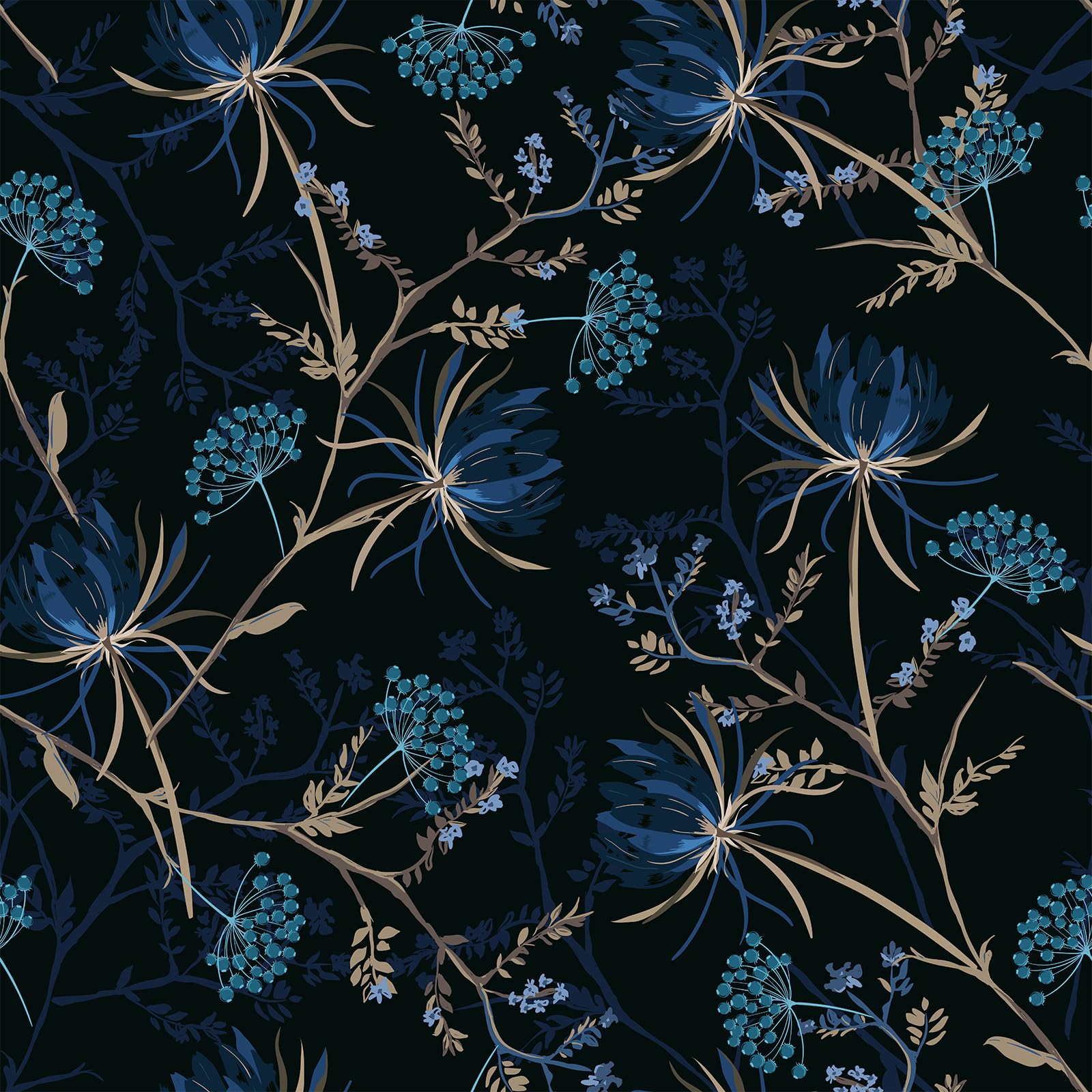 VEELIKE Tapete Blumen Löwenzahn Blau Fototapete Blumen Schwarz Mustertapete 44.5 cm × 300 cm Selbstklebende Tapete Blätter Blau Fototapete Wohnzimmer Badezimmer Kinderzimmer Wasserfest Abnehmbar