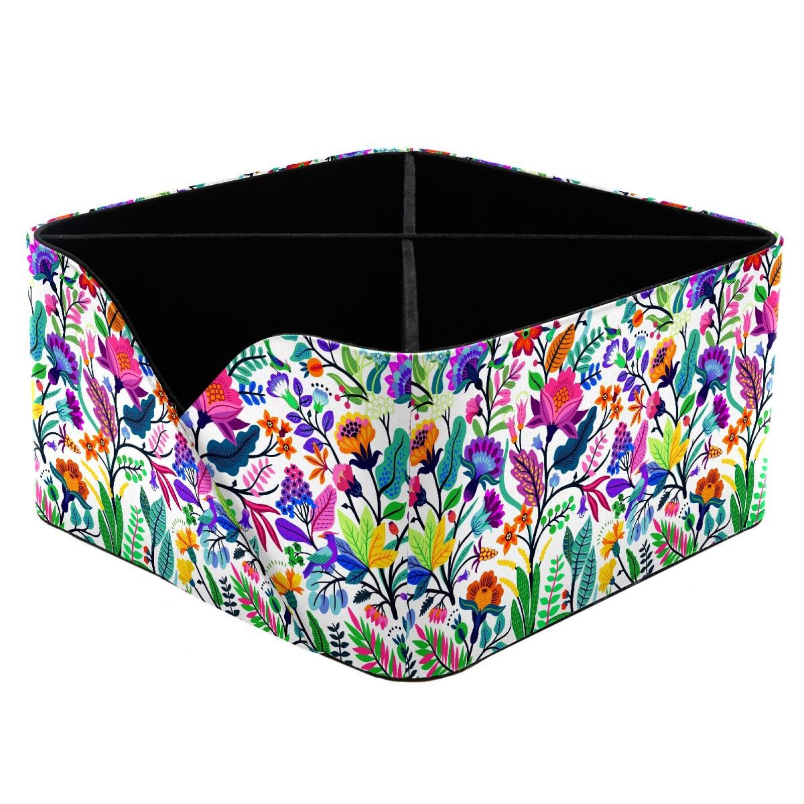 KengjuTesu Colorful Flowers and Tropic Leaves Floral Pattern Desktop Organizer Pen Holder, Rectangular Pencil Cup for Office, Study and Makeup Stations