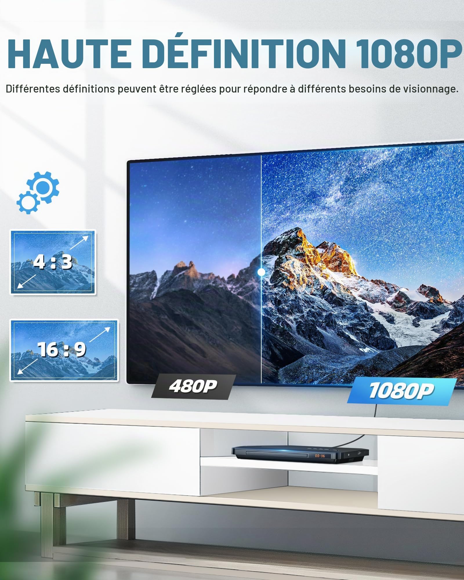 Lecteur DVD pour TV avec HDMI, Lecteur DVD sans région avec système NTSC/PAL, Lecteur de CD pour chaîne stéréo, câbles HDMI/RCA Inclus, télécommande