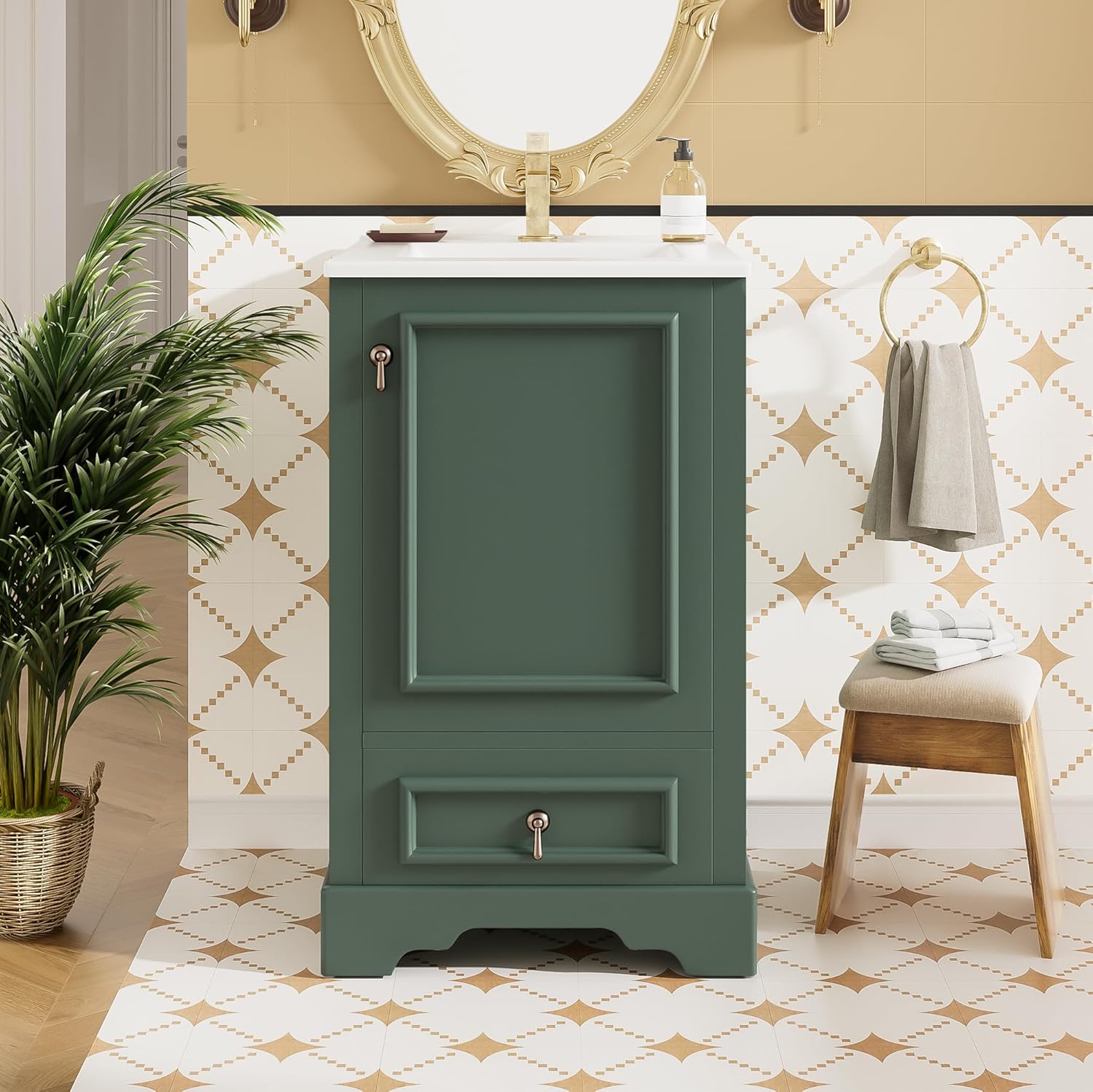 20 Inch Green Bathroom Vanity with Sink,Small Bathroom Vanity with Compartment Drawer & Stylish Handles,Soft Close Door with Organizer Rack,Adjustable Shelf,Space-Saving for Small Space,Modern Style