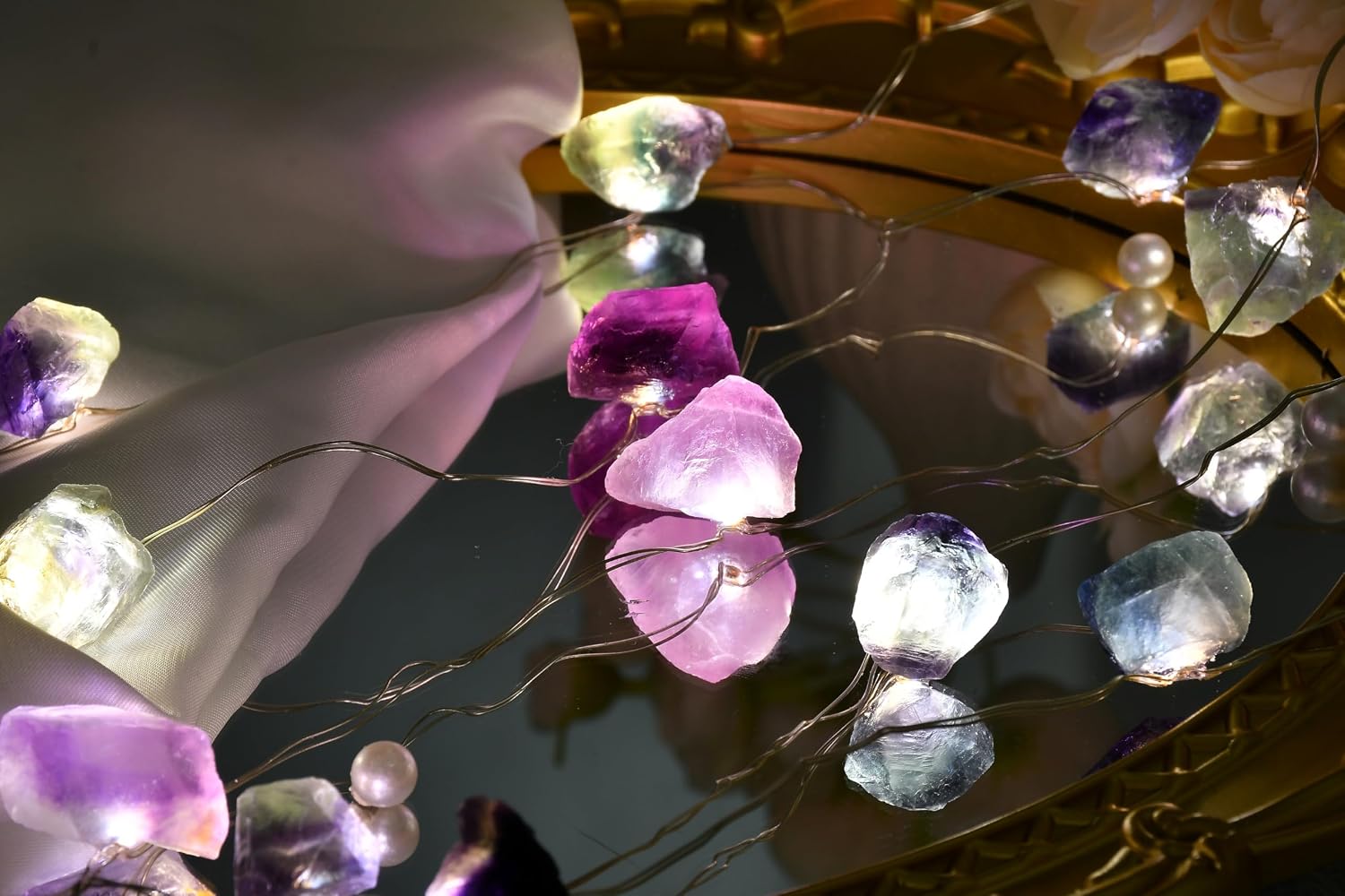 Nature Colorful Fluorite Crystal String Lights 6.5 FT 20 LED Powered by AA Batteries(not Included), Gift for Women Men, Bedroom Night Light, Mother's Day Wedding Gift (Multi-Color)