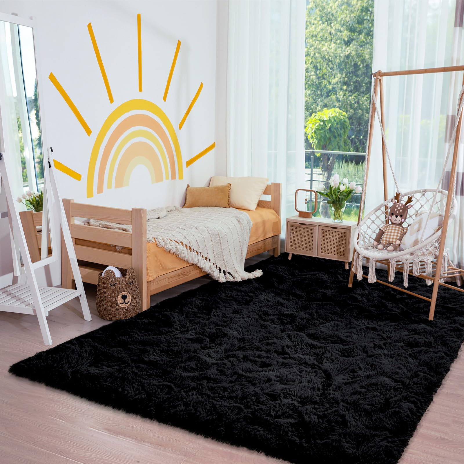 XSIVOD Alfombra mullida de pelo largo, color negro, lavable, 120 x 160 cm, para salón y dormitorio, antideslizante, moderna y suave para habitación infantil