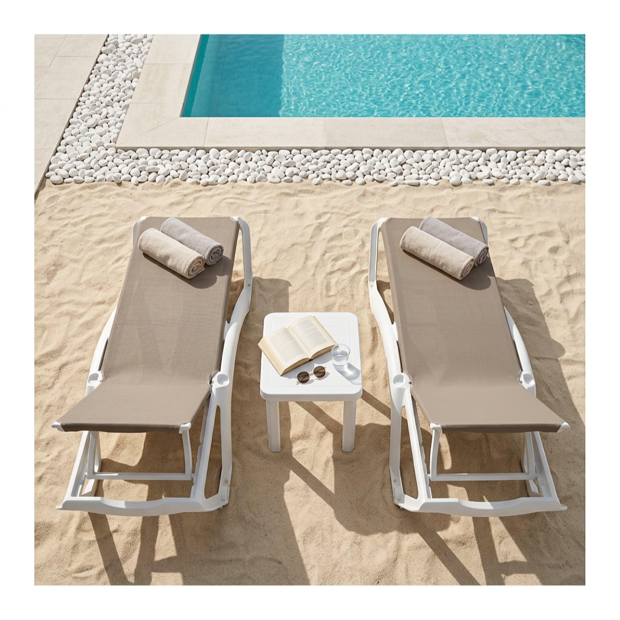 Resol garbar ACQUA-Andorra Set 2+1 Tumbona-Mesa Auxiliar Exterior | jardín, terraza, balcón, Playa, Piscina | apilable, reclinable, Ruedas, Posavasos | Estructura Blanca - Textilene Azul