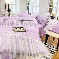 Vista 4 de Juego de funda de edredón de encaje con volantes, funda de edredón con lazo, ropa de cama de princesa para niños, 100% poliéster, juego de funda
