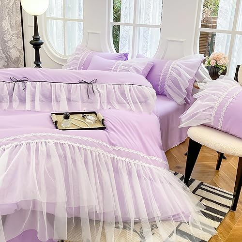Miniatura 5 de Juego de funda de edredón de encaje con volantes, funda de edredón con lazo, ropa de cama de princesa para niños, 100% poliéster, juego de funda de