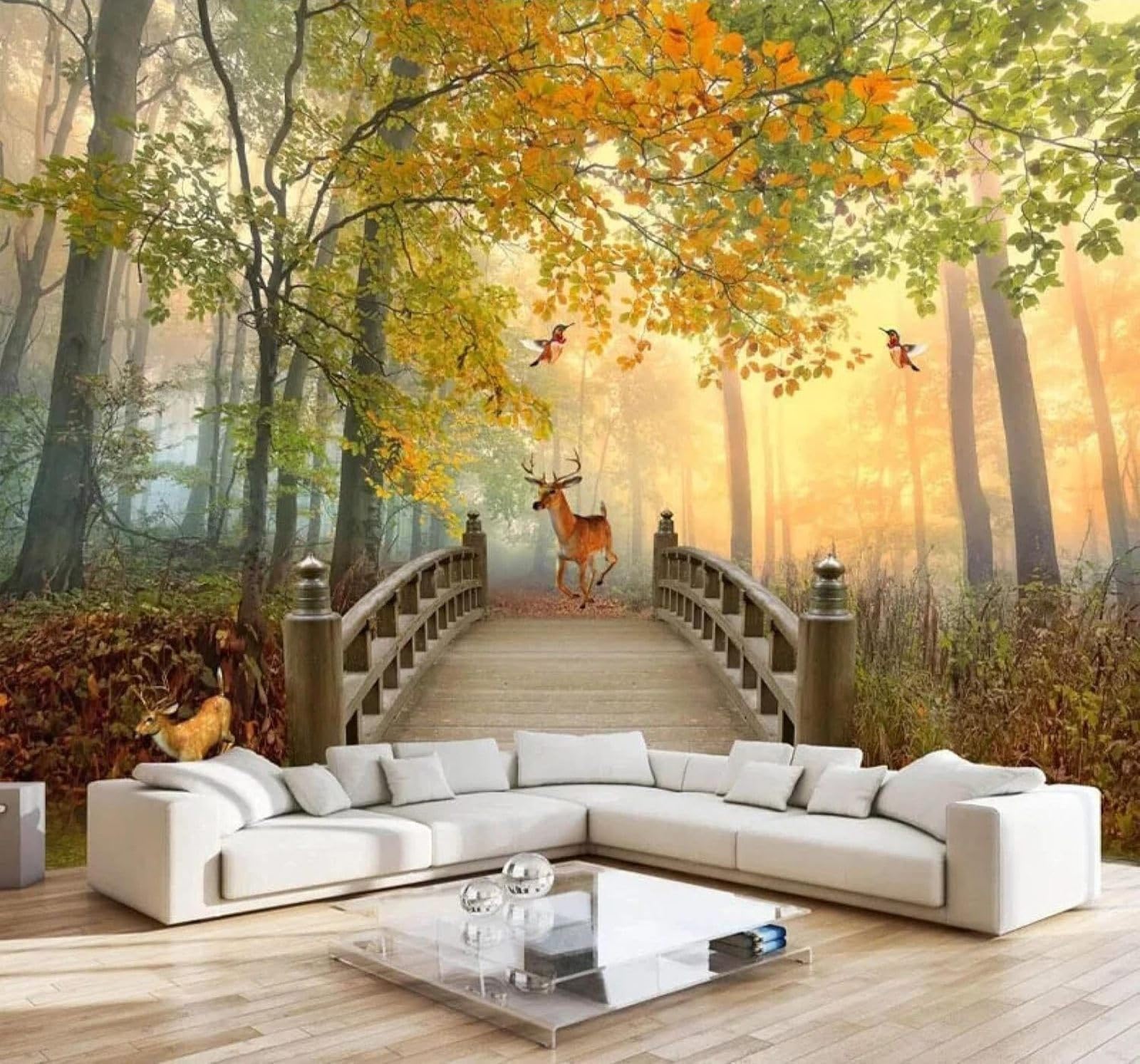 XLMING Fresh Forest Wooden Bridge Reindeer Natural Scenery 3D Wallpaper Luxury Silk Study Dining Feature Sofa Grey Bedroom Living Room Tv Decorative Wall-250cm×170cm