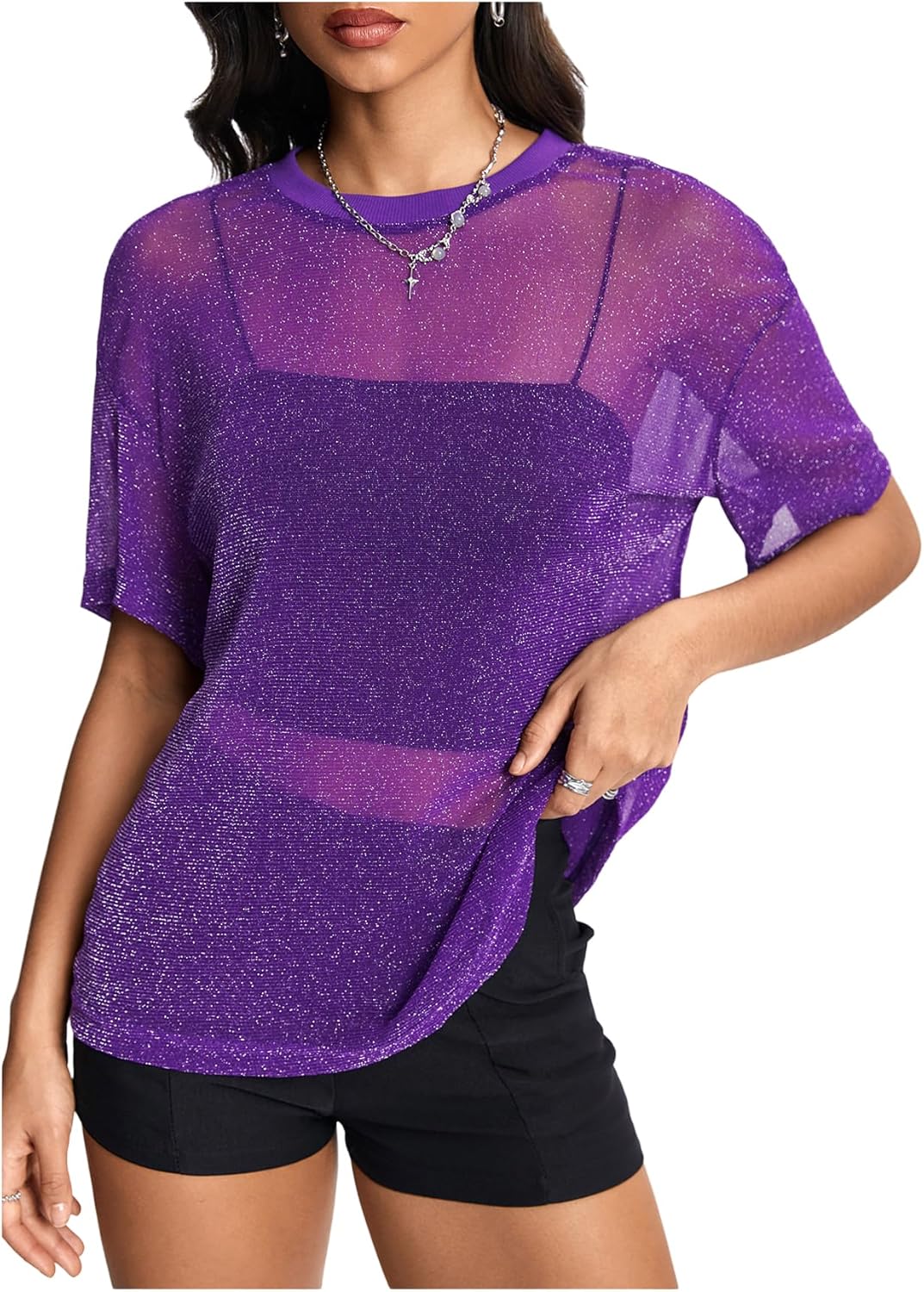 OYOANGLE Women's Sparkly Glitter Rave Going Out Top Short Sleeve See Through Blouse Summer Loose Mesh Shirt