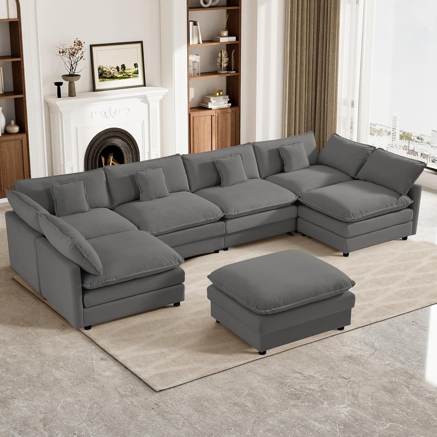 ONEMMLION Oversized Cloud Modular Sectional Sofa Couch, 150.4" Comfy U Shape Sectional Couches for Living Room, Modern Large 7 Seat Velvet Deep Seat Cloud Sofa with 2 Ottoman, Dark Grey