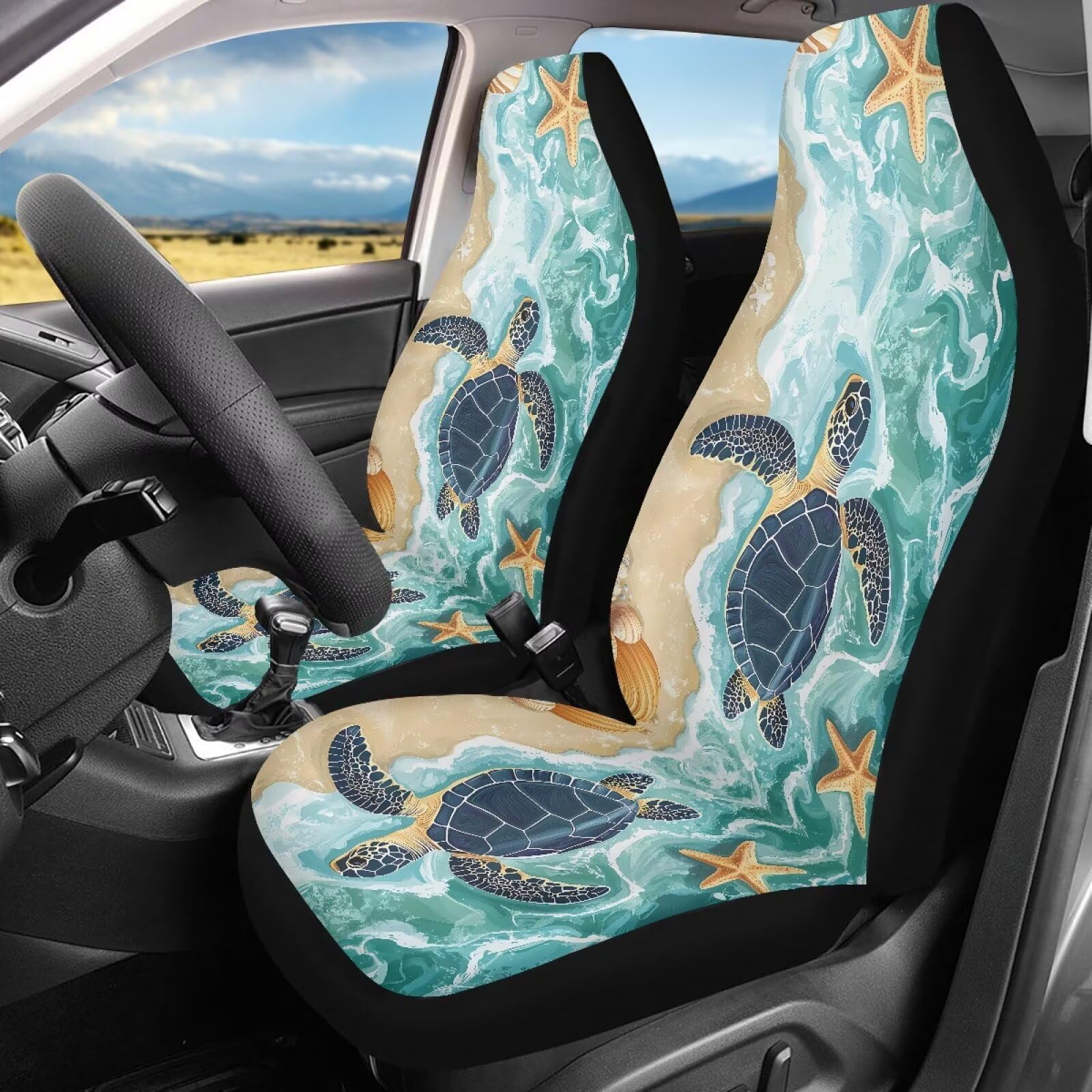 Bulopur Beach Sea Turtle Car Seat Cover Set Washable Breathable Automotive Vehicle Seat Cover 2pcs, Universal Auto Front Seats Protector Fits for Car,SUV Sedan,Truck Easy to Install