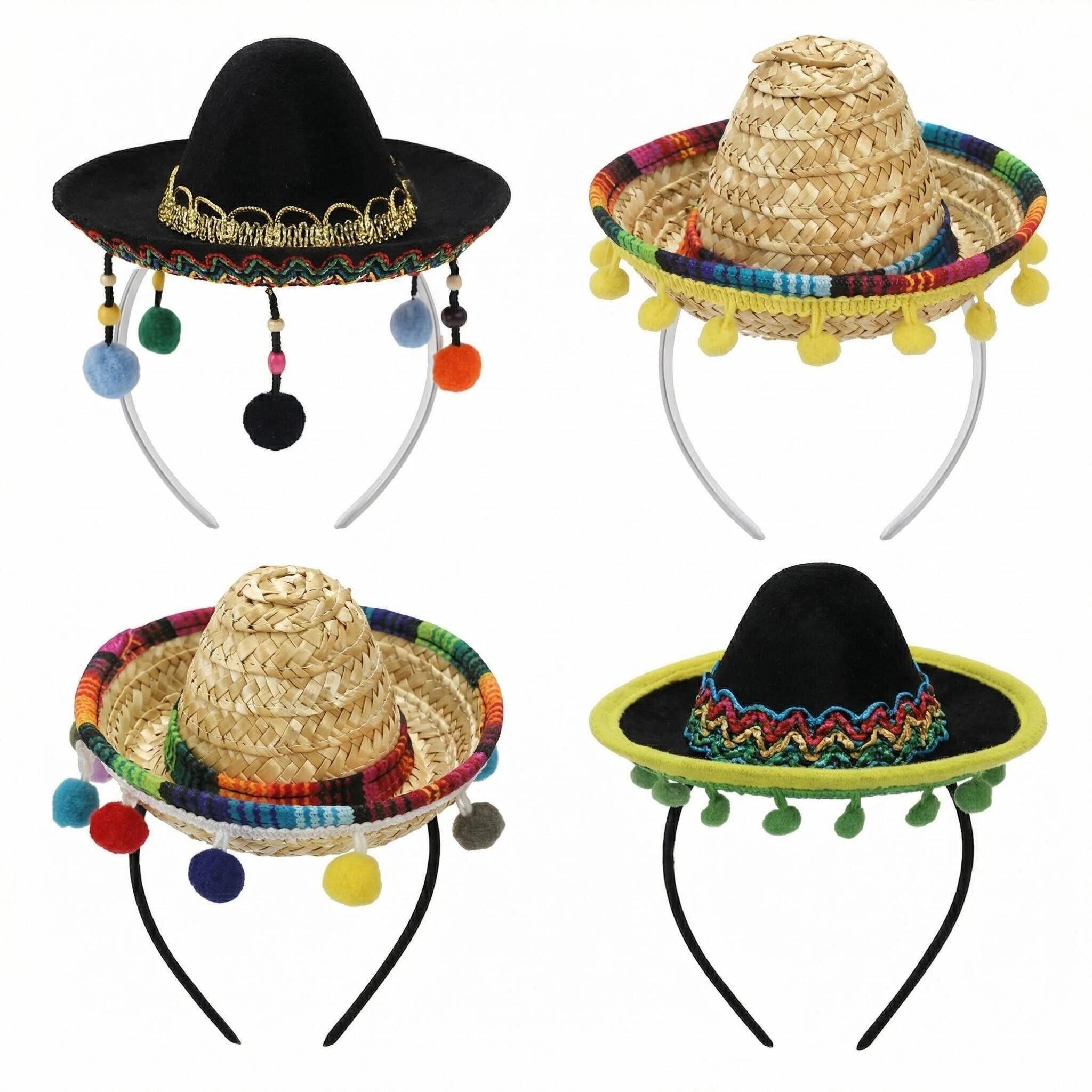 4 Pcs Mini Mexican Sombrero Hats Headbands Colourful Straw Fiesta Headwear with Pom Poms 16cm Mini Sombreros for Cinco de Mayo Mexican Themed Party Summer Decor Fancy Dress Accessories Party Favours