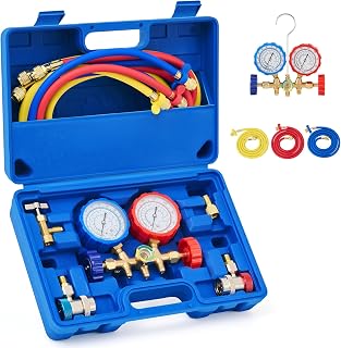Orion Motor Tech 3 Way AC Diagnostic Manifold Gauge Set for Freon Charging, Fits R134A R12 R22 and R502 Refrigerants, with 5FT Hose, Tank Adapters, Adjustable Couplers and Can Tap