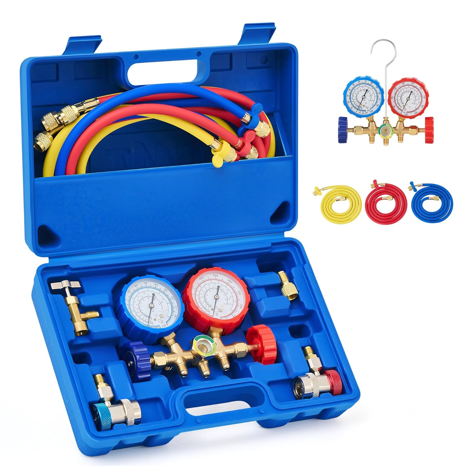 Orion Motor Tech 3 Way AC Diagnostic Manifold Gauge Set for Freon Charging, Fits R134A R12 R22 and R502 Refrigerants, with 5FT Hose, Tank Adapters, Adjustable Couplers and Can Tap