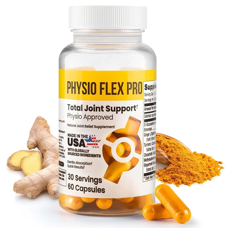 Physio Flex Pro Suplemento articular com glucosamina, condroitina, MSM, cúrcuma (curcumina), BioPerine, gengibre, bromelaína e selênio — 60 cápsulas