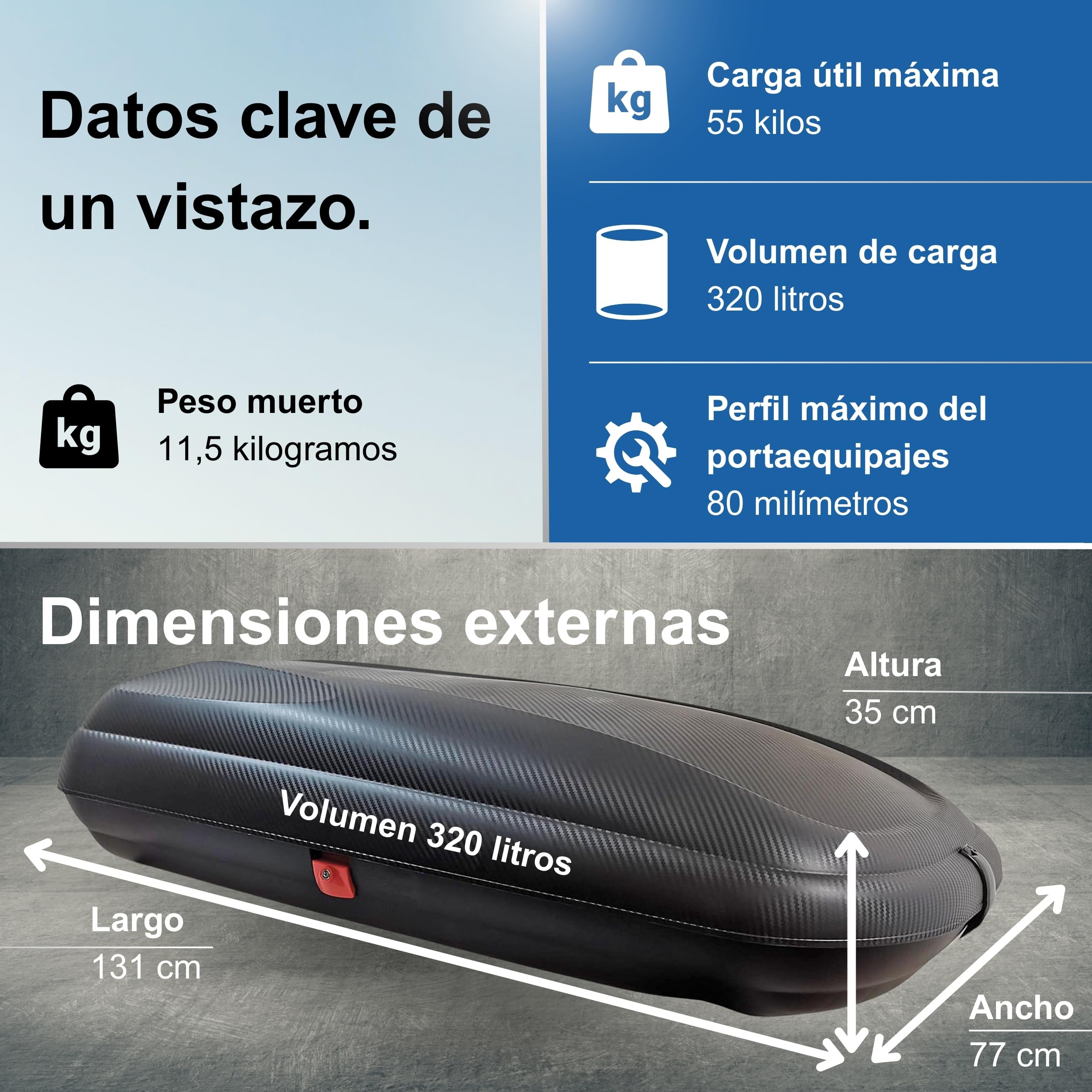 Baúl de techo de coche en polipropileno, característica de “fibra de carbono”, hecho con moldeo por inyección, ya montado, dimensiones 1320 x 778 x 345 mm h