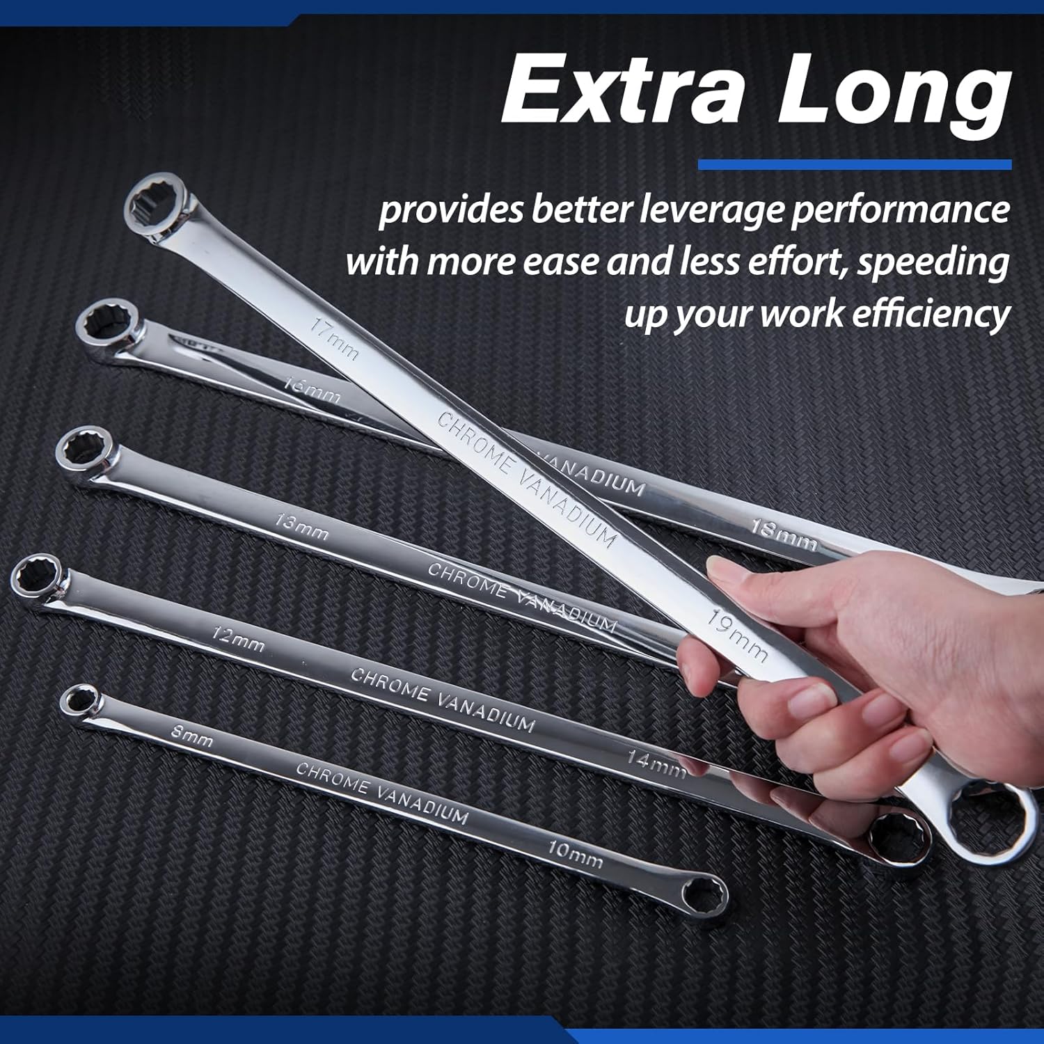 SPEEDWOX 5PCS Extra Long Double Box End Wrench Set Chrome Vanadium Steel Aviation Wrenches Mirror polished 8mm, 10mm, 12mm, 13mm, 14mm, 15mm, 16mm, 17mm, 18mm, 19mm, Organized in Rolling Pouch