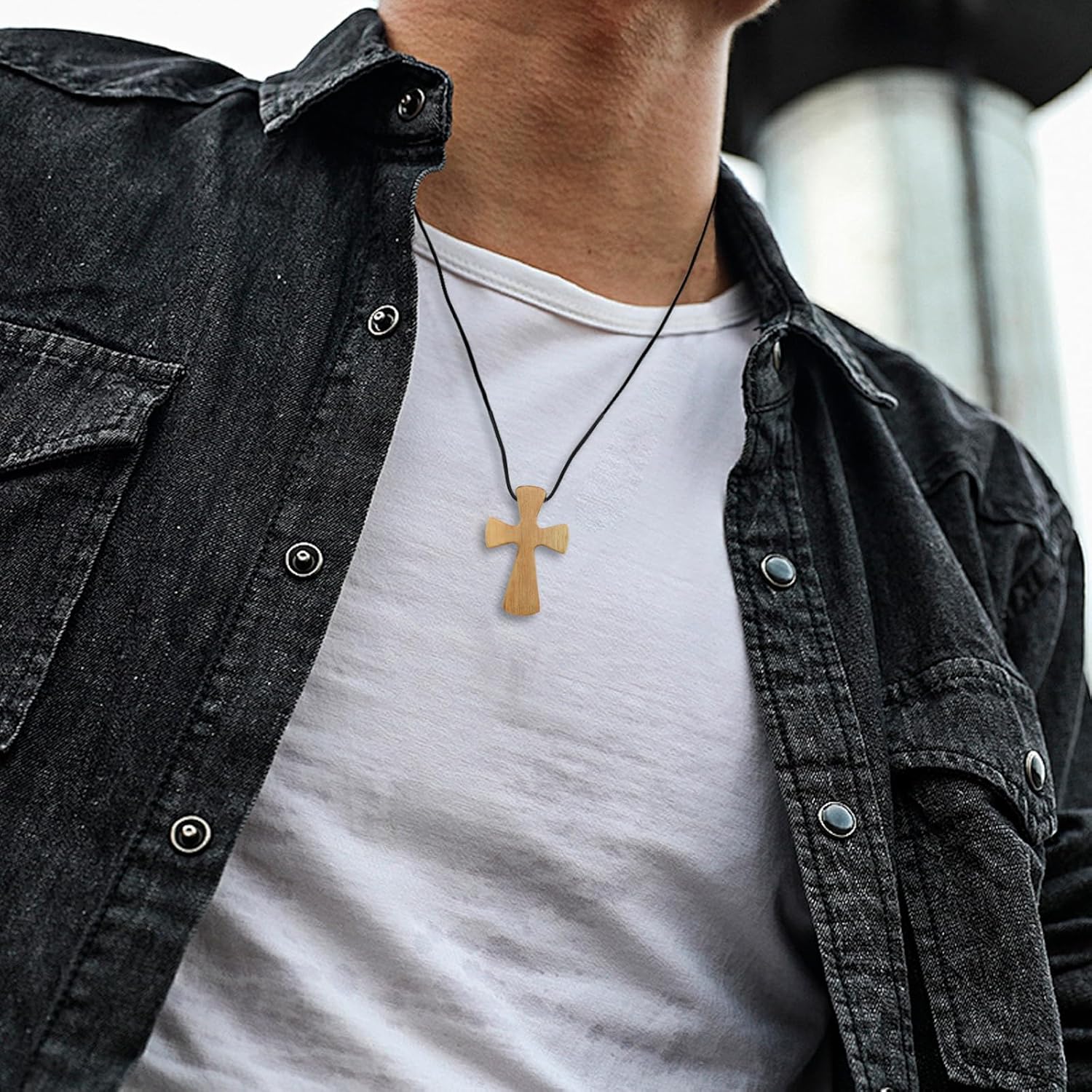 Enkrio Natural Wood Cross Pendant Necklace Tapered Wooden Cross Necklace with Adjustable Leather Cord Religious Jewelry for Men Women - Image 5